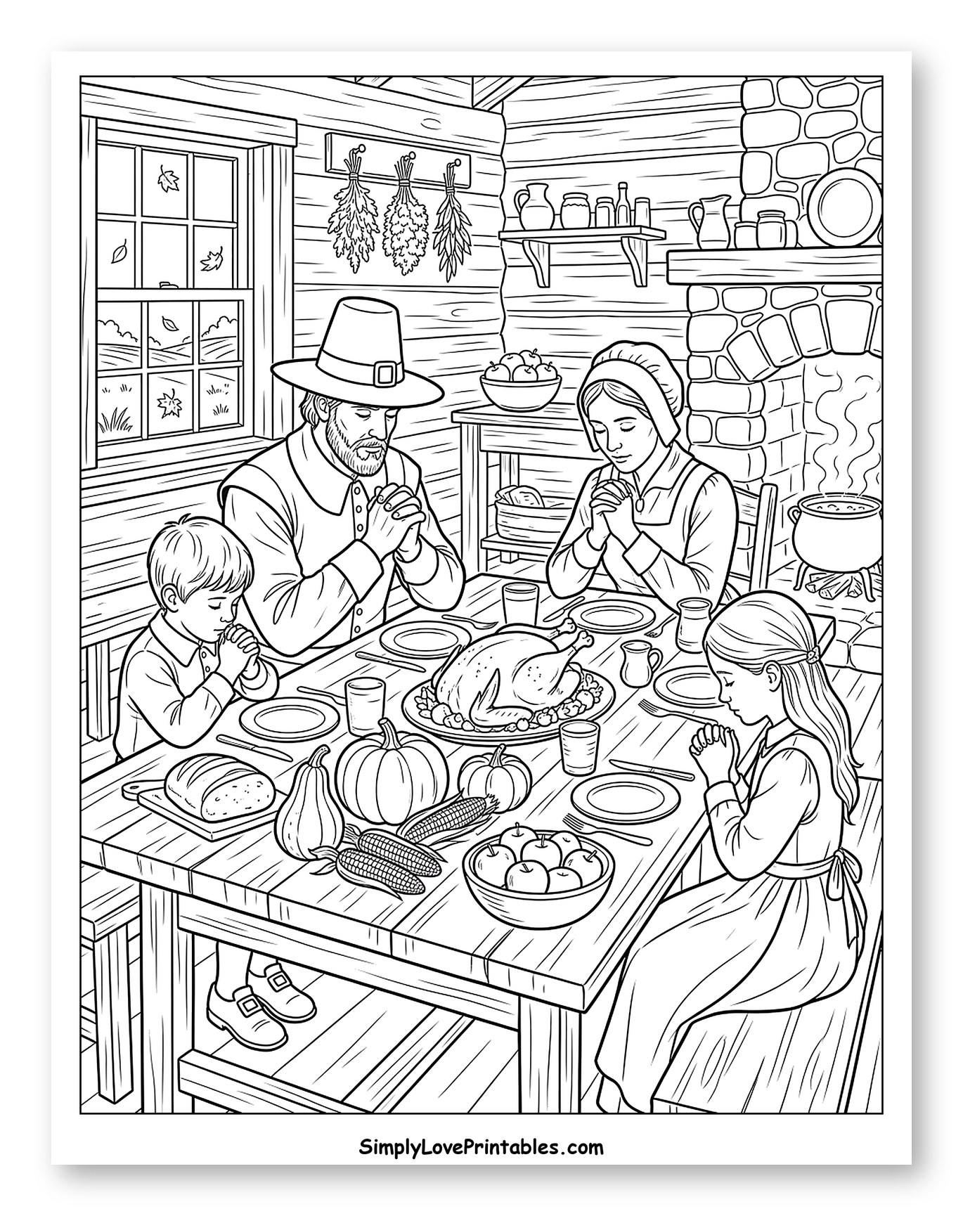 Pilgrim Family Praying Before Thanksgiving Feast Coloring Page