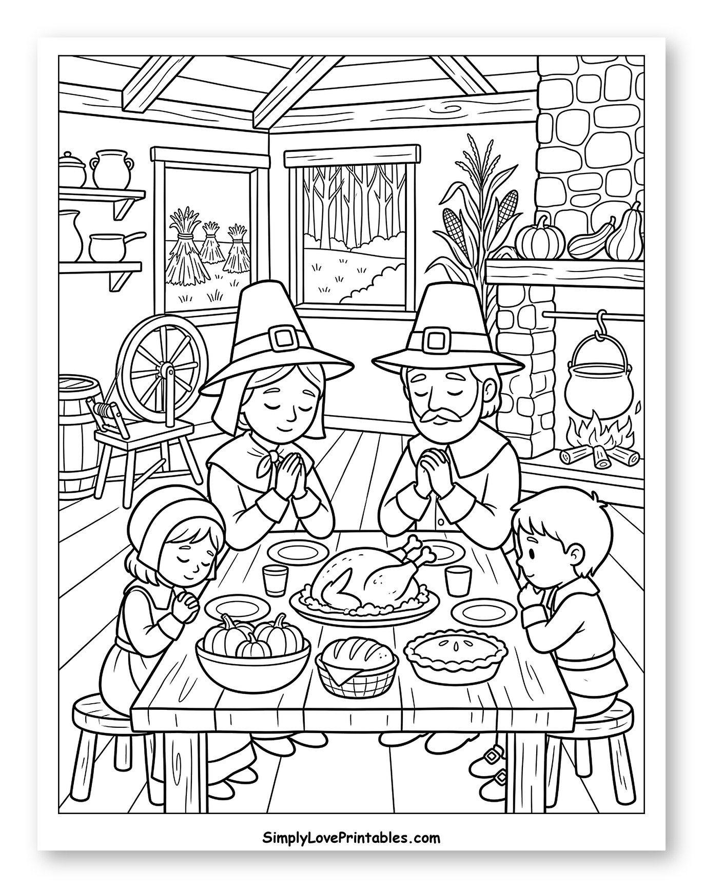 Pilgrim Family Praying Before Thanksgiving Feast