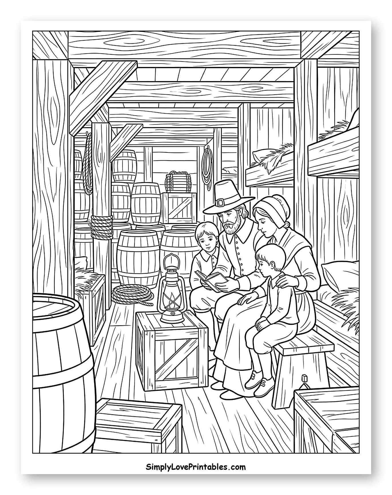 Pilgrim Family Reading Together Inside Ship's Cabin Coloring Page