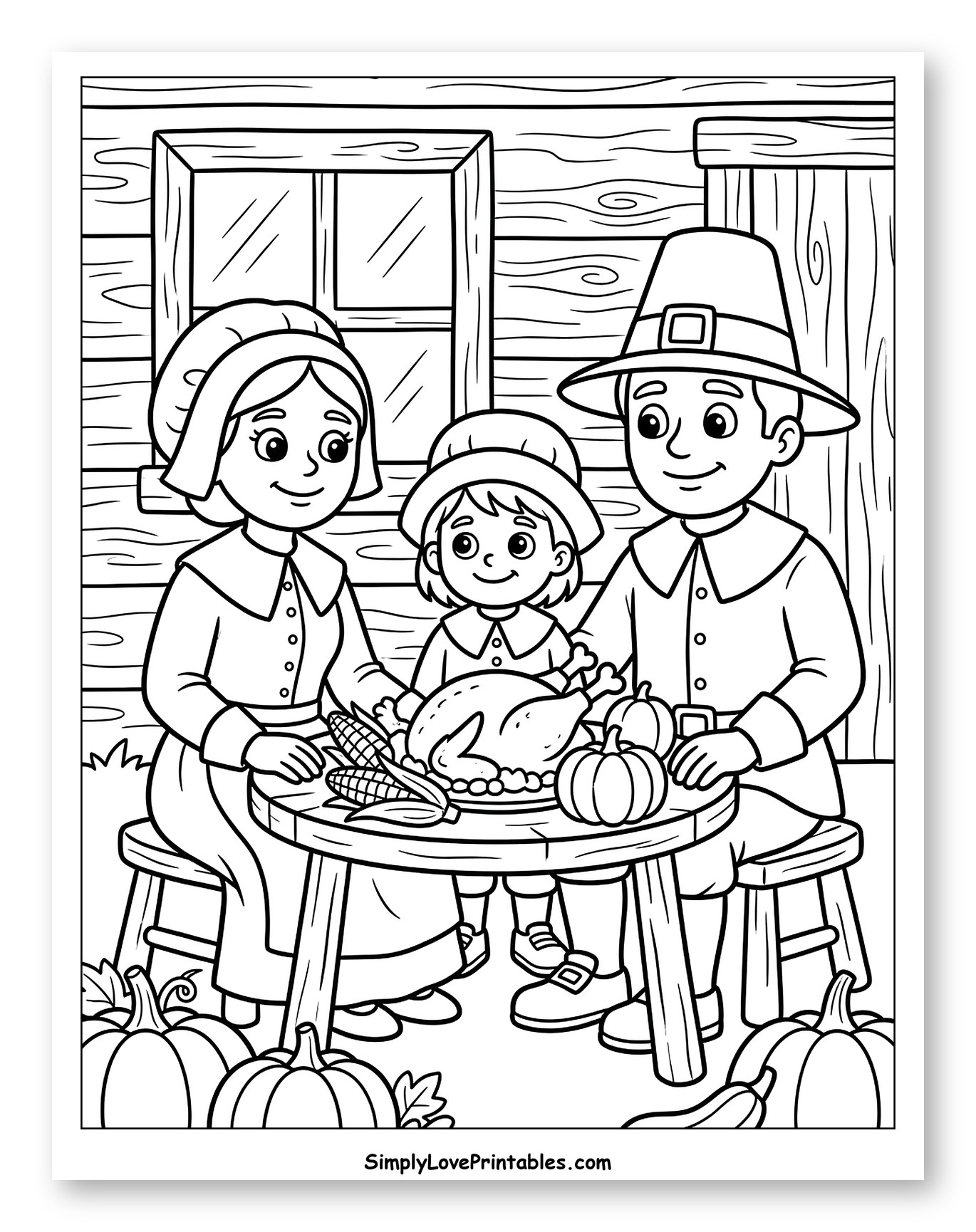 Pilgrim Family Thanksgiving Dinner Coloring Sheet for Kids