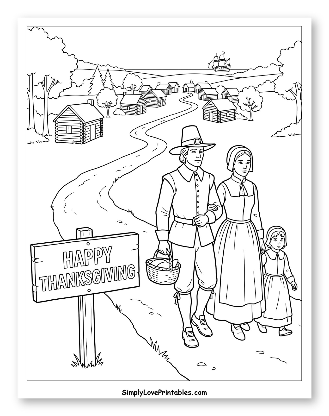Pilgrim Family Walking Through Village with Thanksgiving Sign