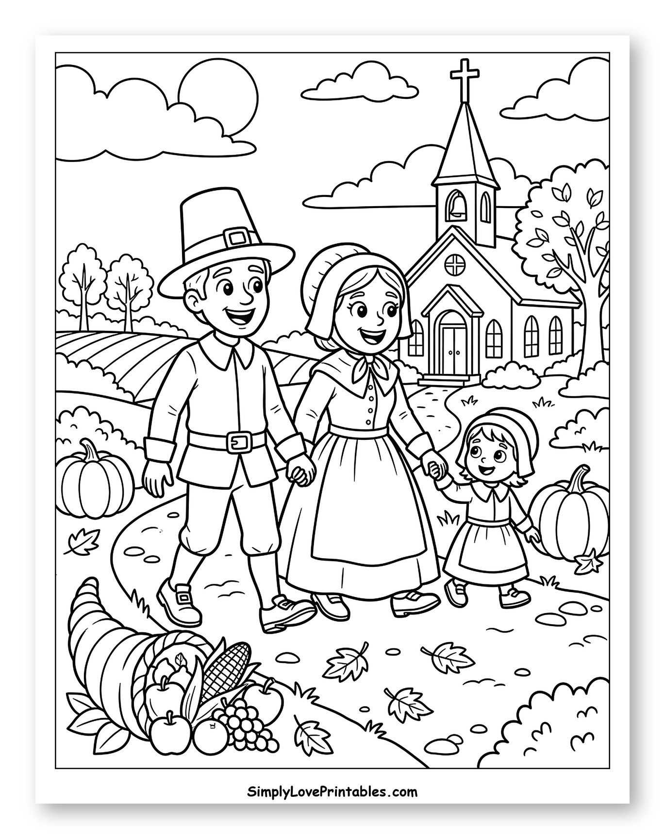 Pilgrim Family Walking to Church with Pumpkins to Color for Kids