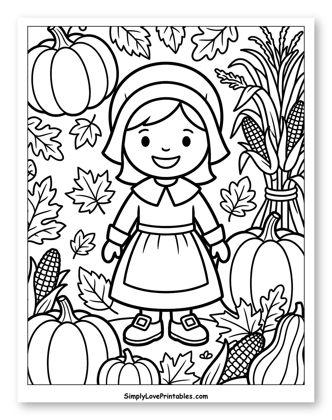 Pilgrim Girl and Fall Harvest Scene