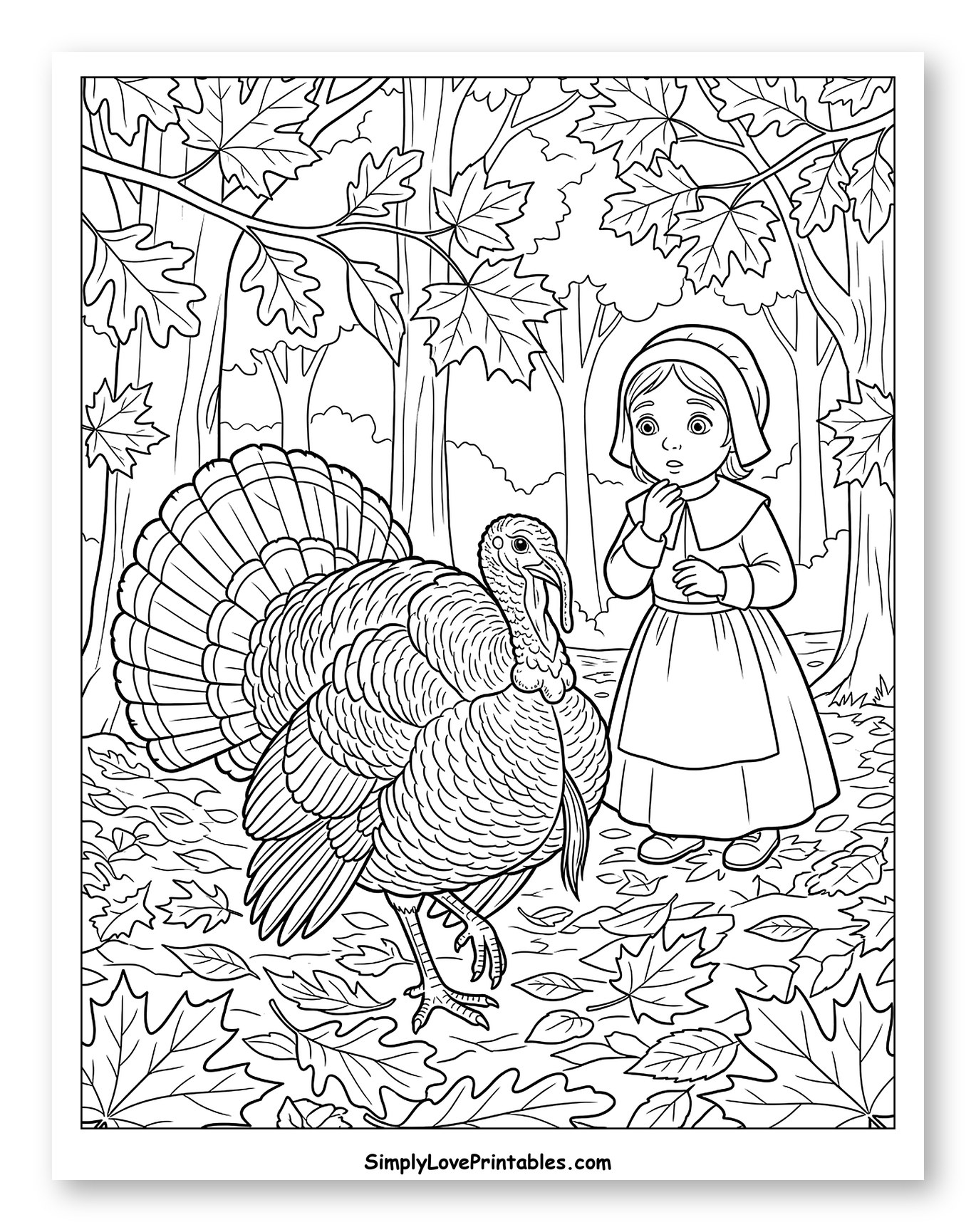 Pilgrim Girl and Turkey in Autumn Forest