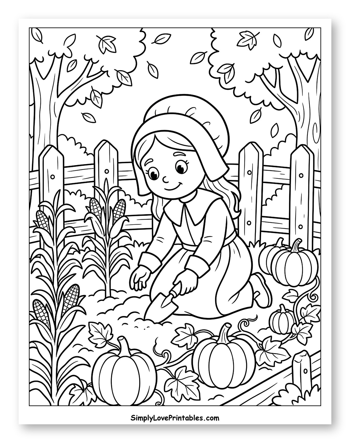 Pilgrim Girl Digging in Autumn Garden