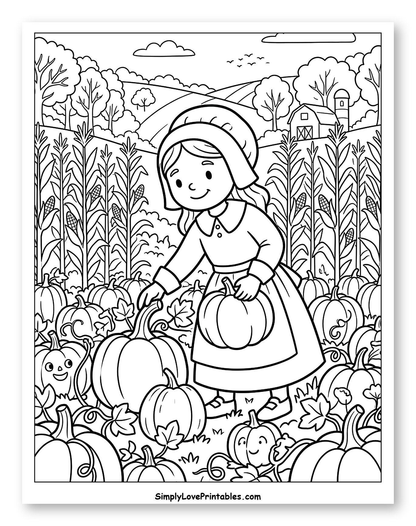 Pilgrim Girl Picking Pumpkins in a Field to Color for Kids