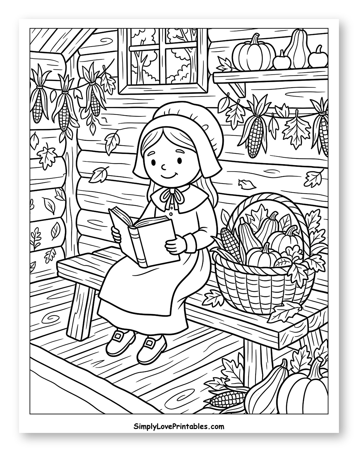 Pilgrim Girl Reading in Log Cabin Coloring Page for Kids