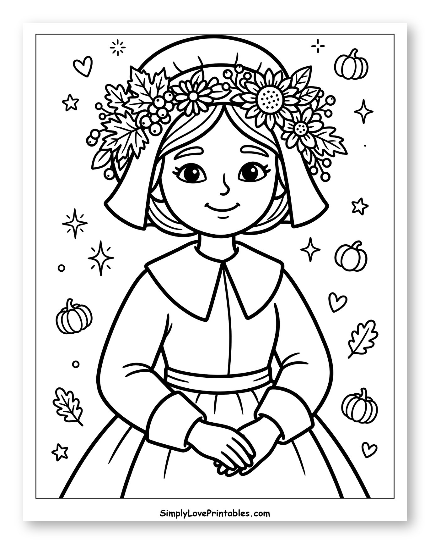 Pilgrim Girl Wearing a Fall Flower Crown to Color for Adults