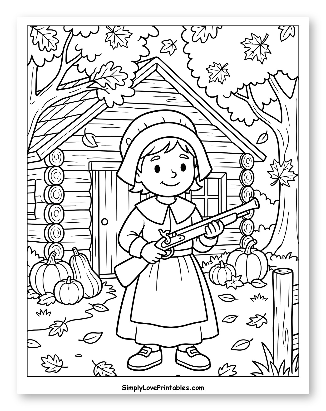 Pilgrim Girl with Musket and Pumpkins