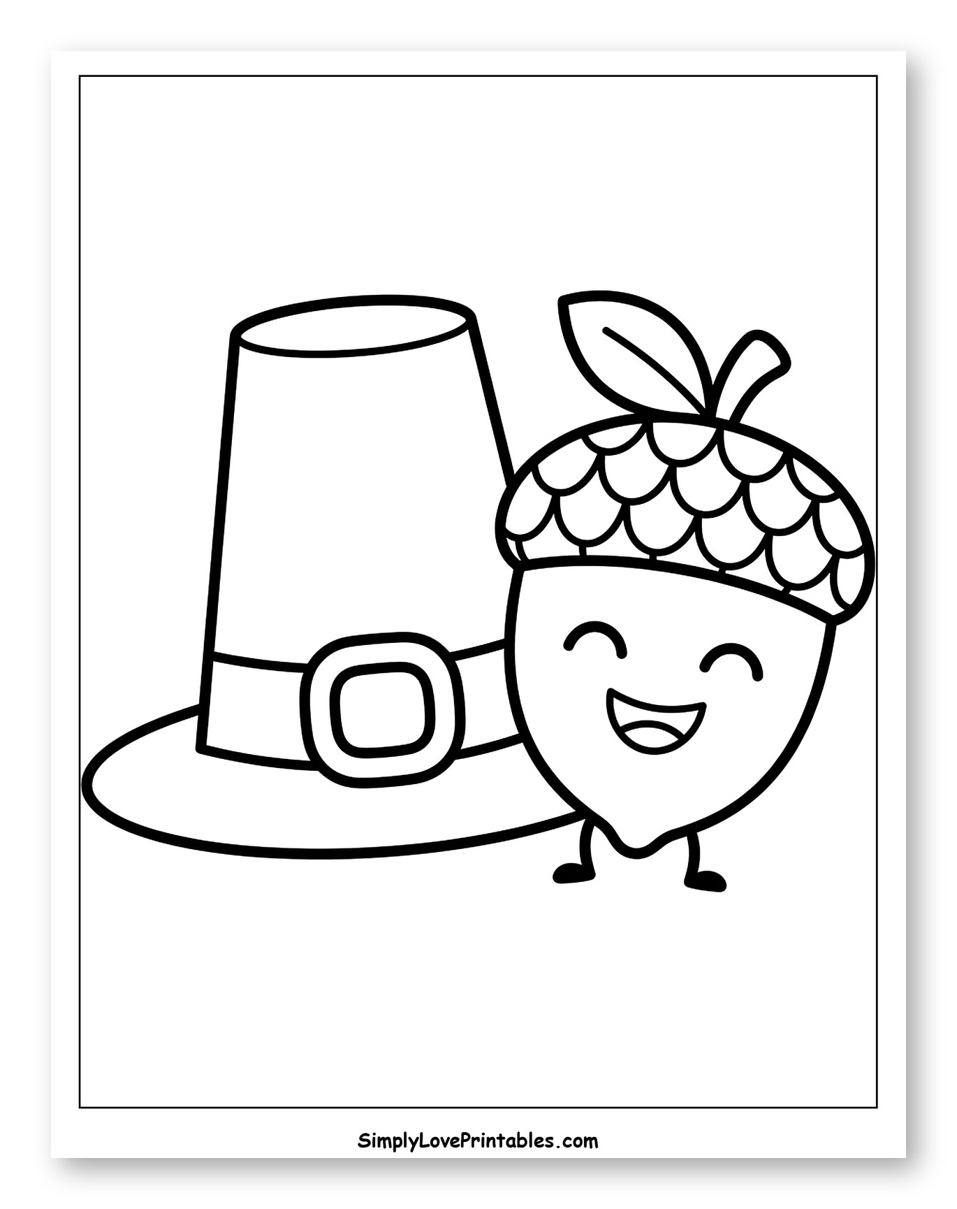 Pilgrim Hat and Happy Acorn to Color for Toddlers