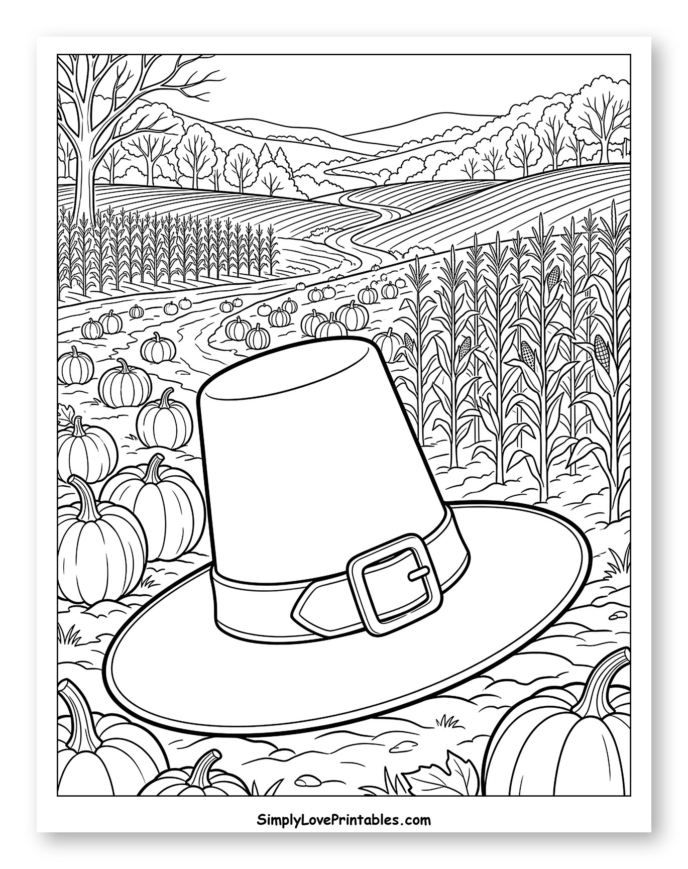 Pilgrim Hat and Pumpkins in Fall Farm Landscape to Color