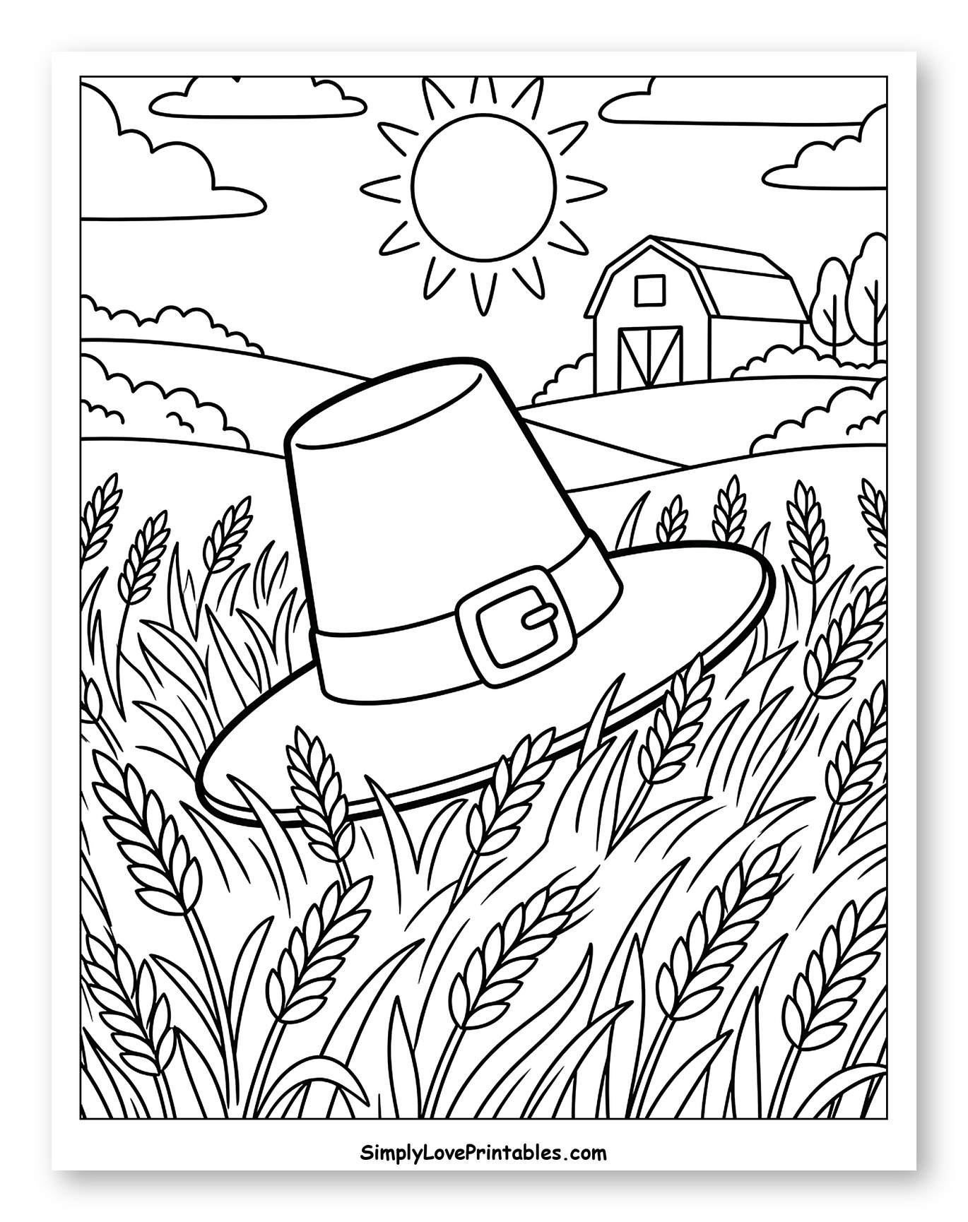 Pilgrim Hat in Wheat Field with Barn