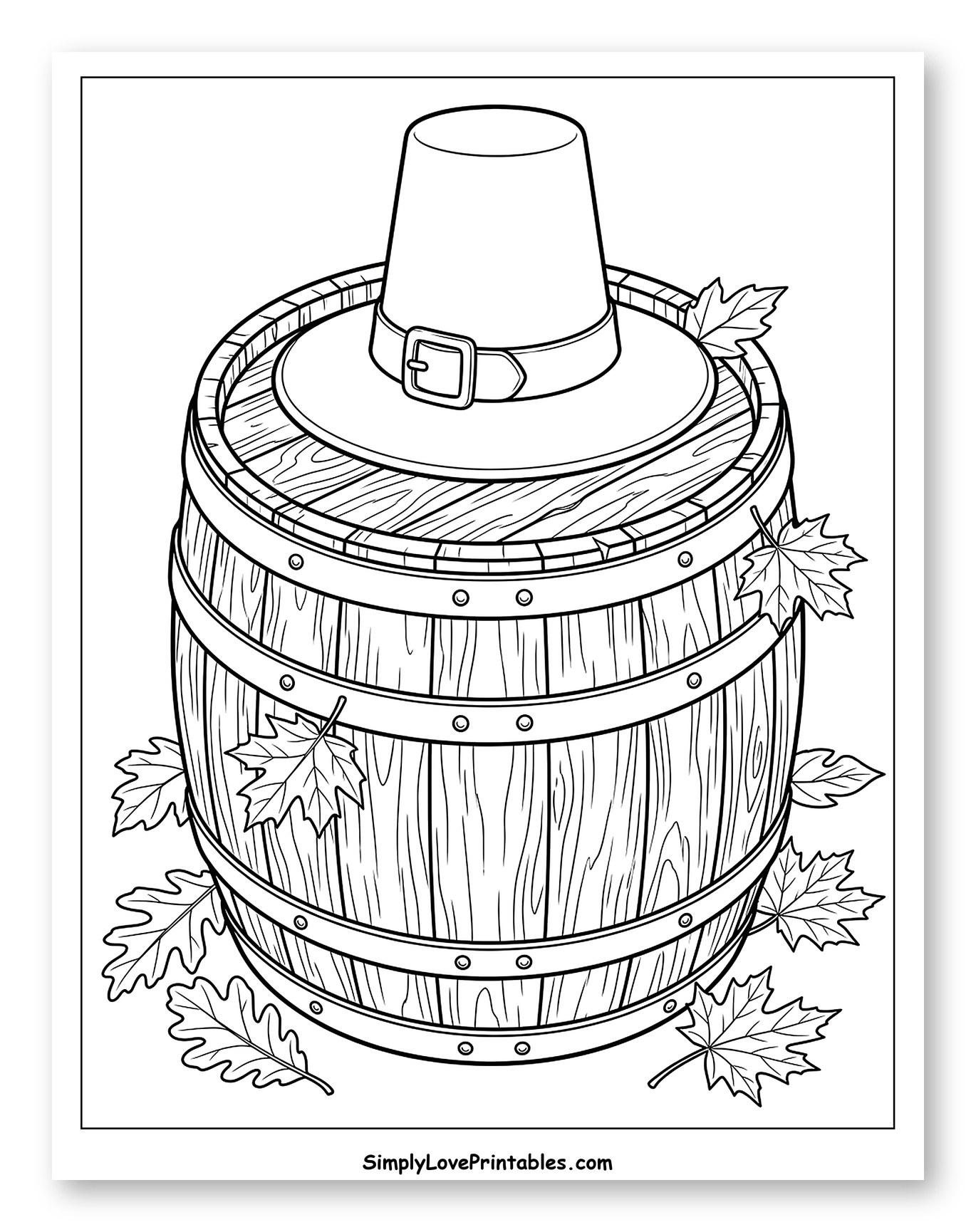 Pilgrim Hat on a Barrel with Autumn Leaves Coloring Page