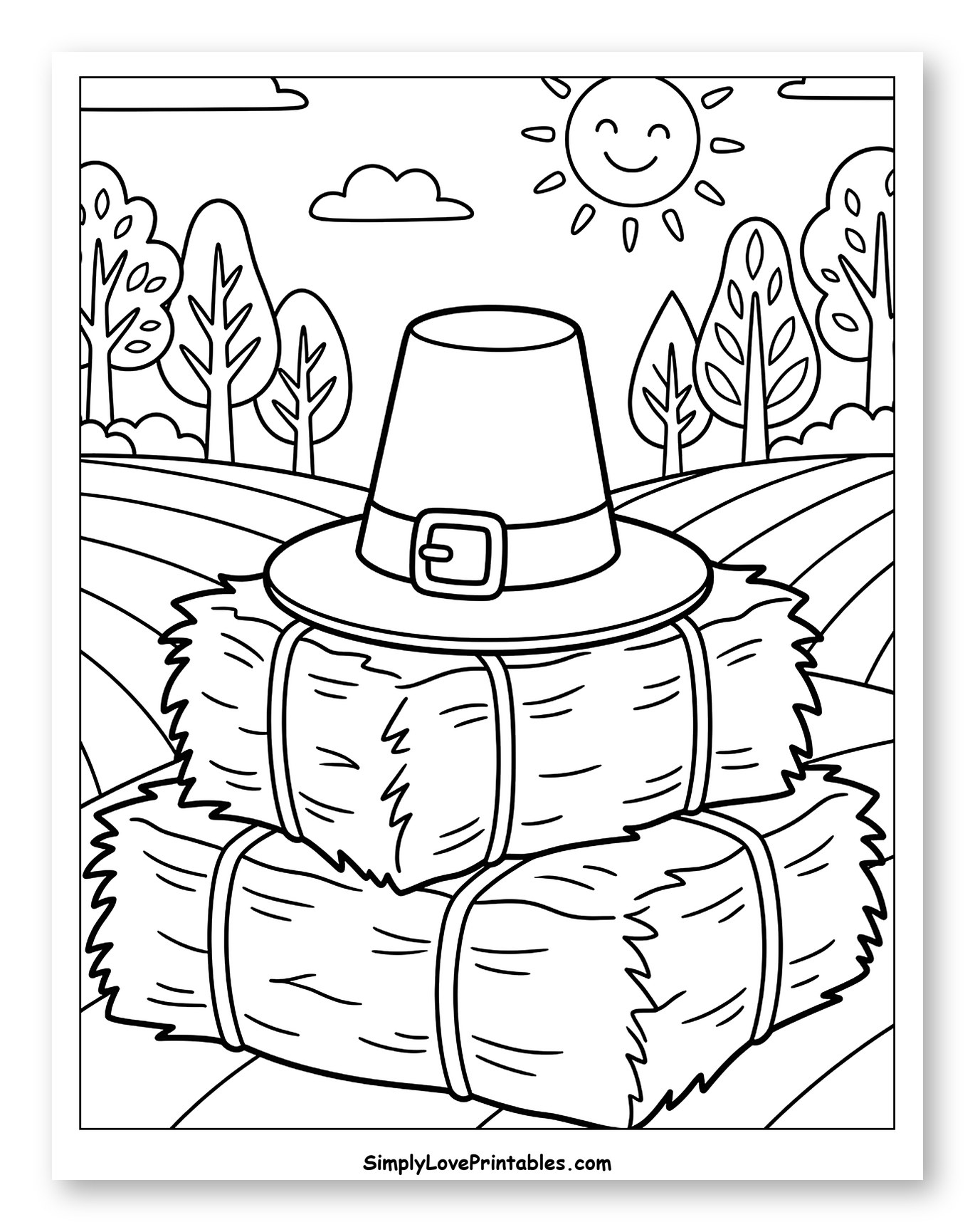 Pilgrim Hat on Hay Bales in a Sunny Field Coloring Sheet for Kids
