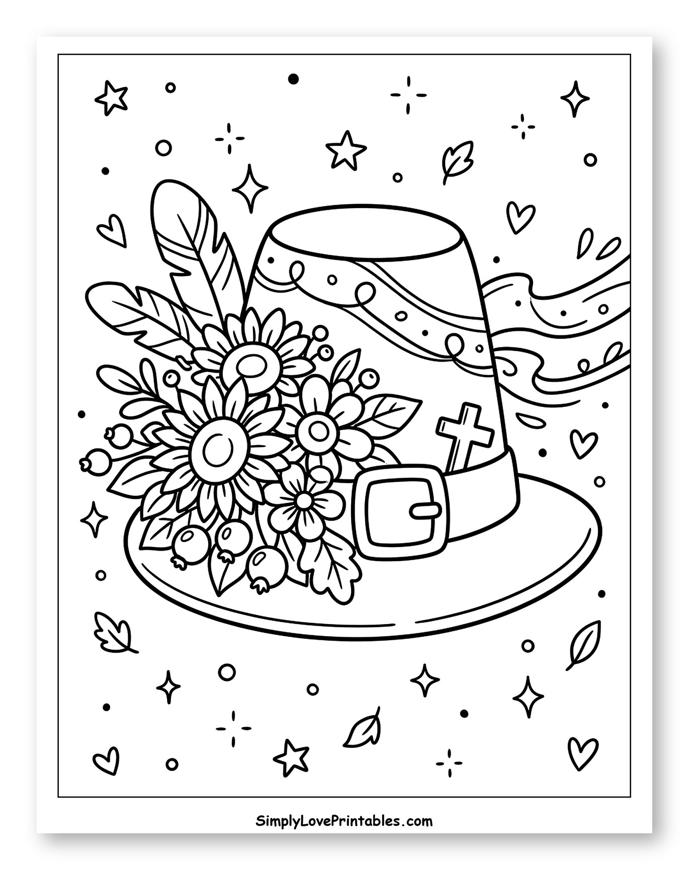 Pilgrim Hat with Flowers, Feathers, and Cross