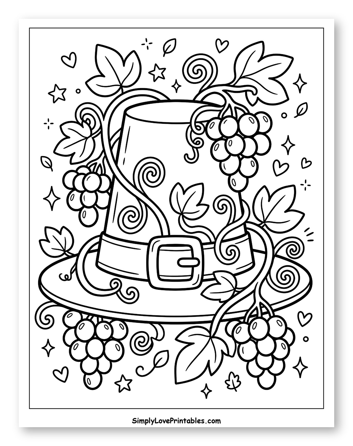 Pilgrim Hat with Grapes and Vines Coloring Sheet for Adults
