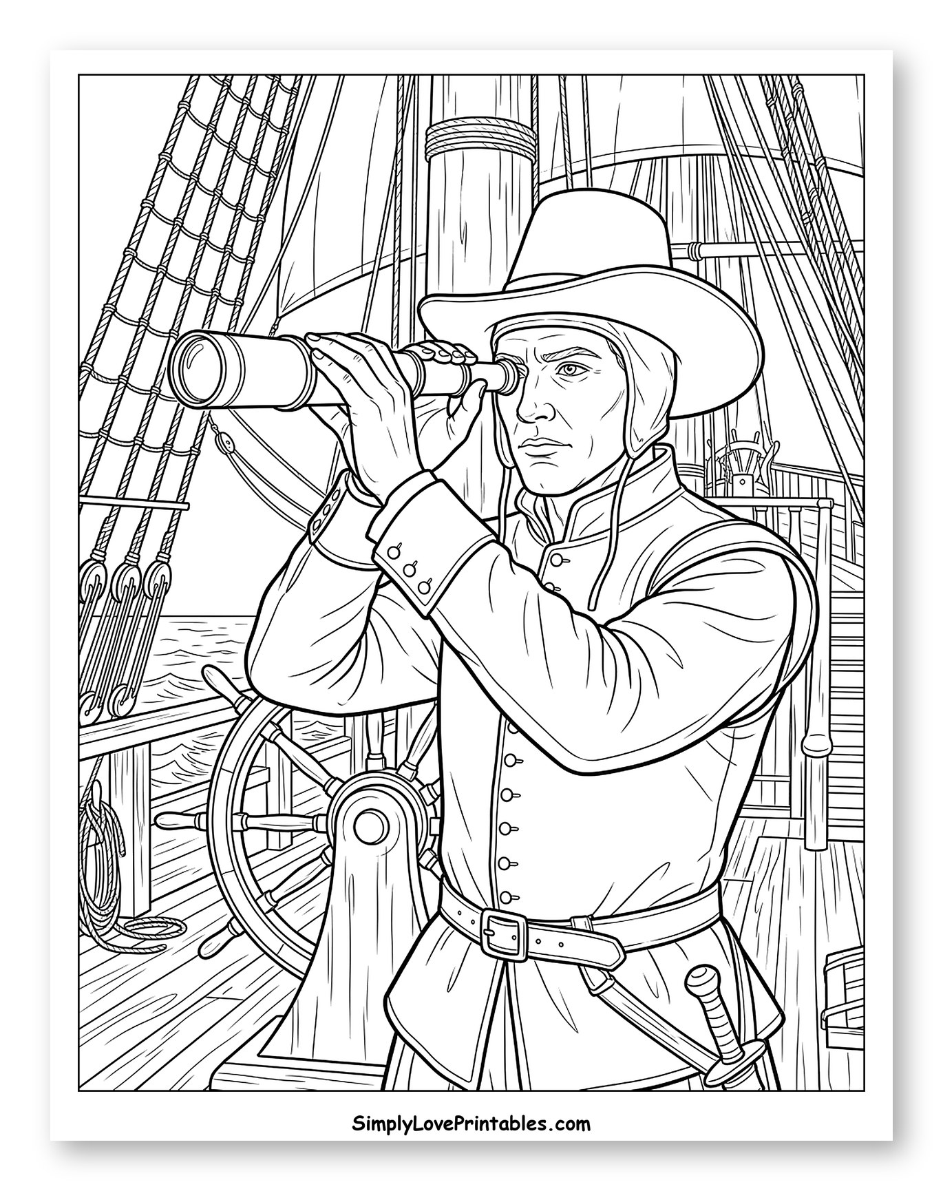 Pilgrim Looking Through Spyglass on Ship Coloring Sheet