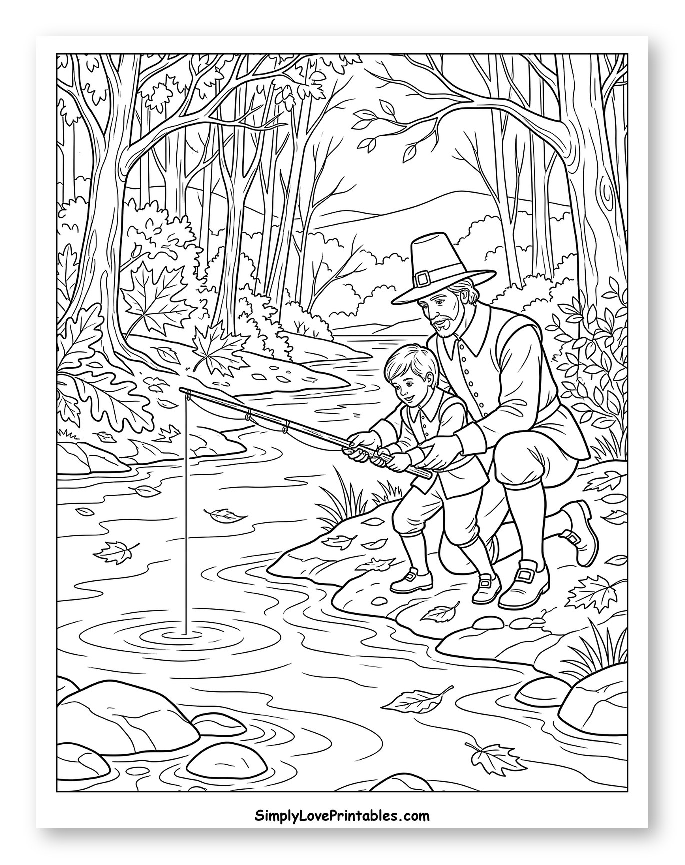 Pilgrim Man and Boy Fishing in Forest Stream to Color