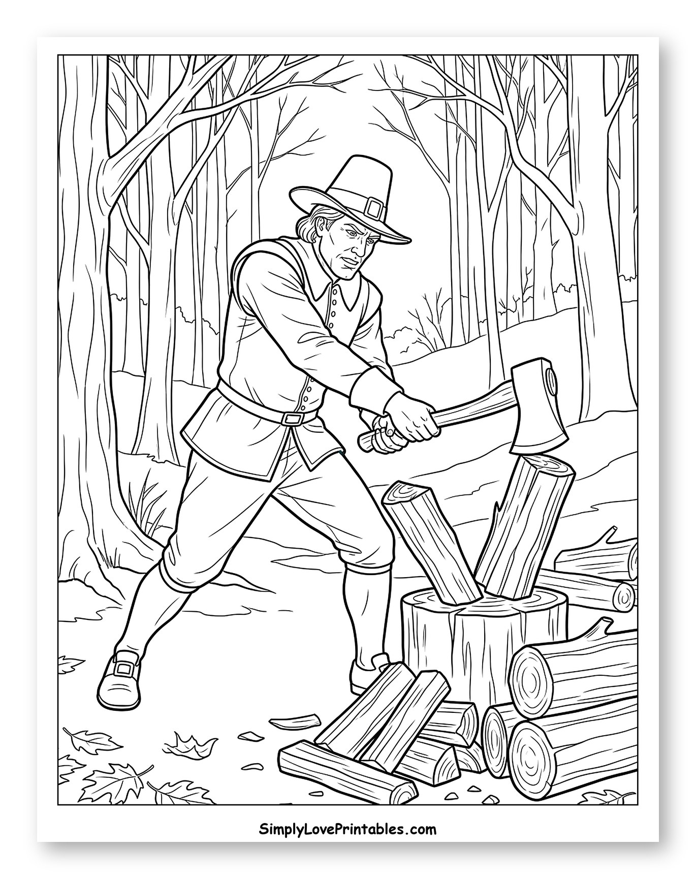 Pilgrim Man Chopping Firewood in Forest