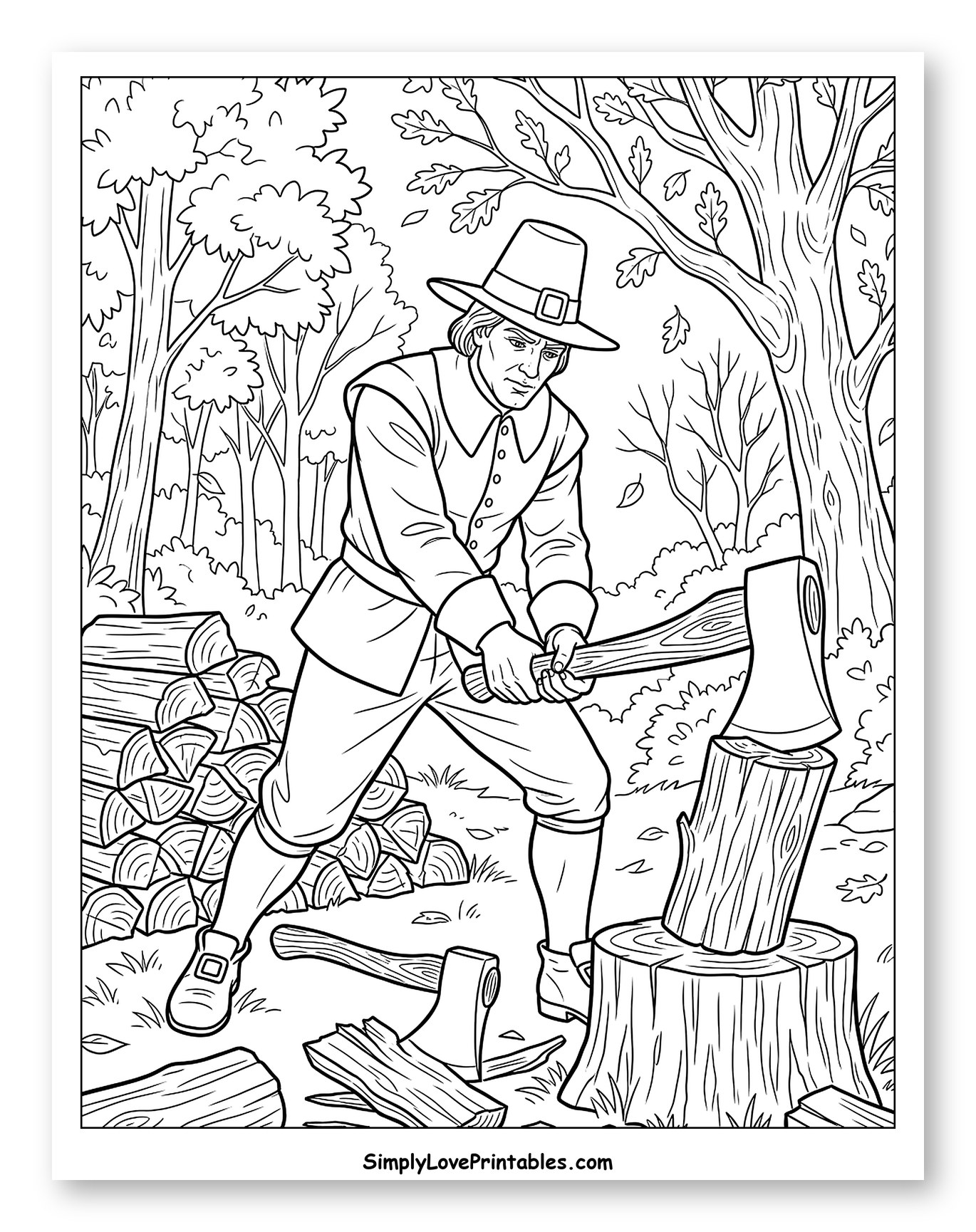 Pilgrim Man Chopping Wood to Color
