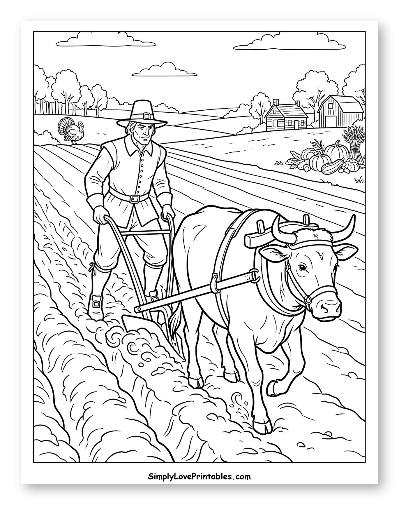 Pilgrim Man Plowing Field with Ox