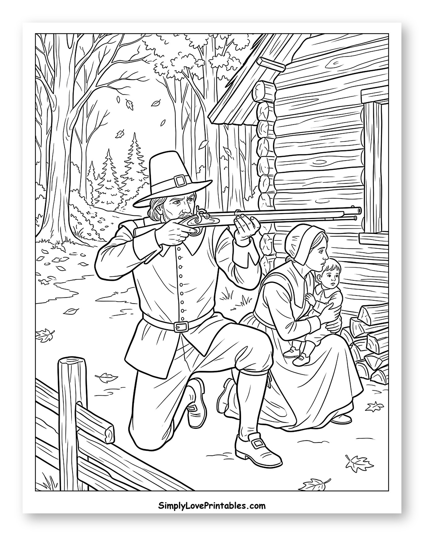 Pilgrim Man Protecting Family at Log Cabin
