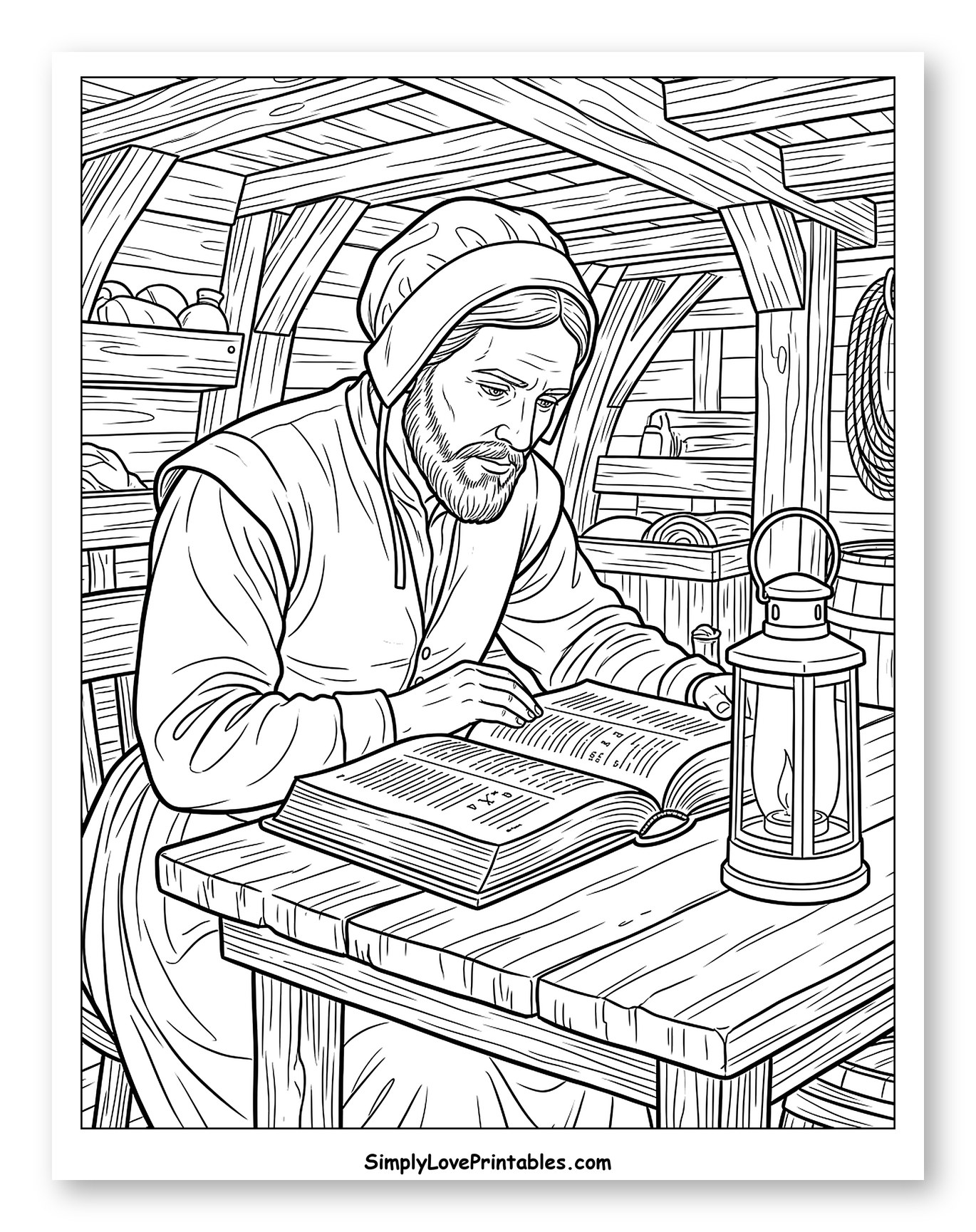 Pilgrim Man Reading by Lantern Light to Color