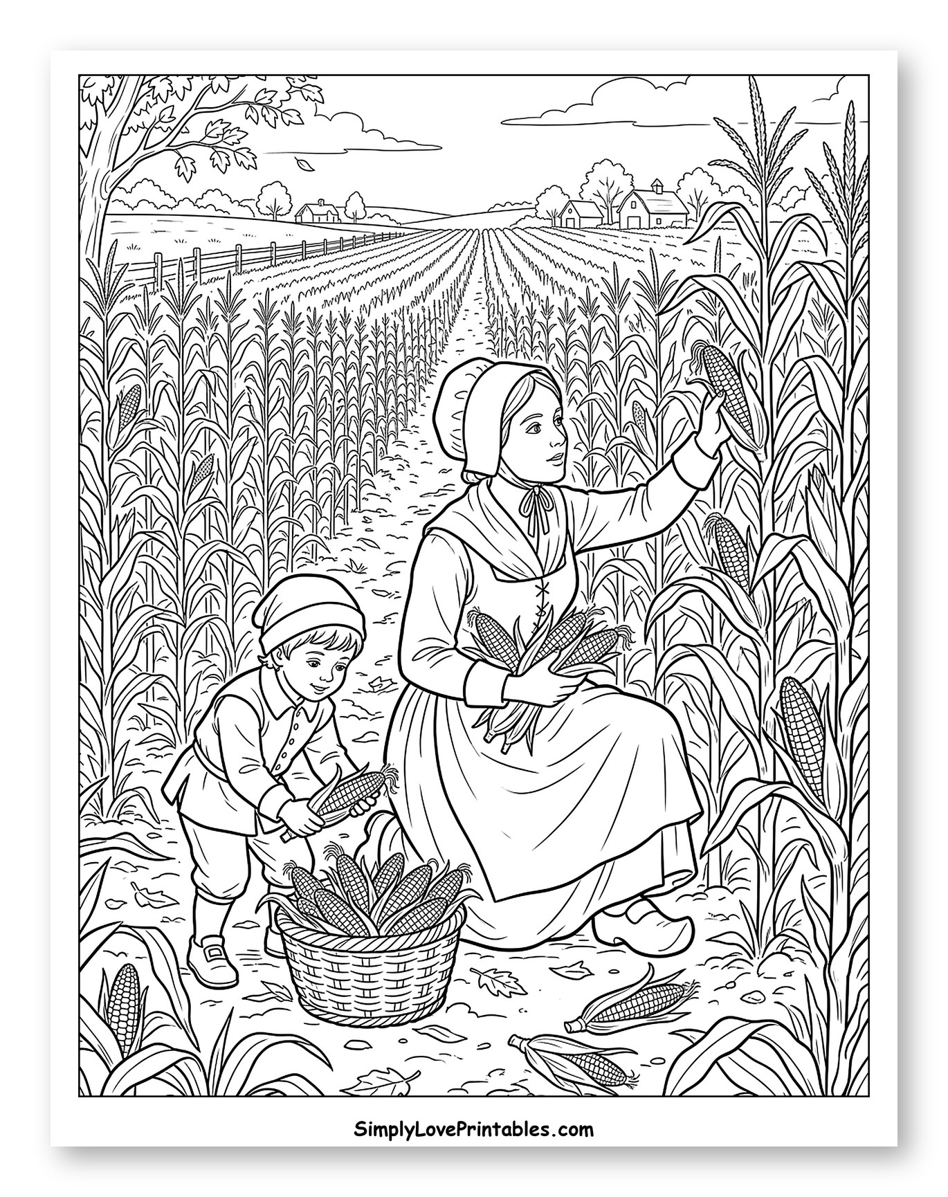Pilgrim Mother and Son Harvesting Corn