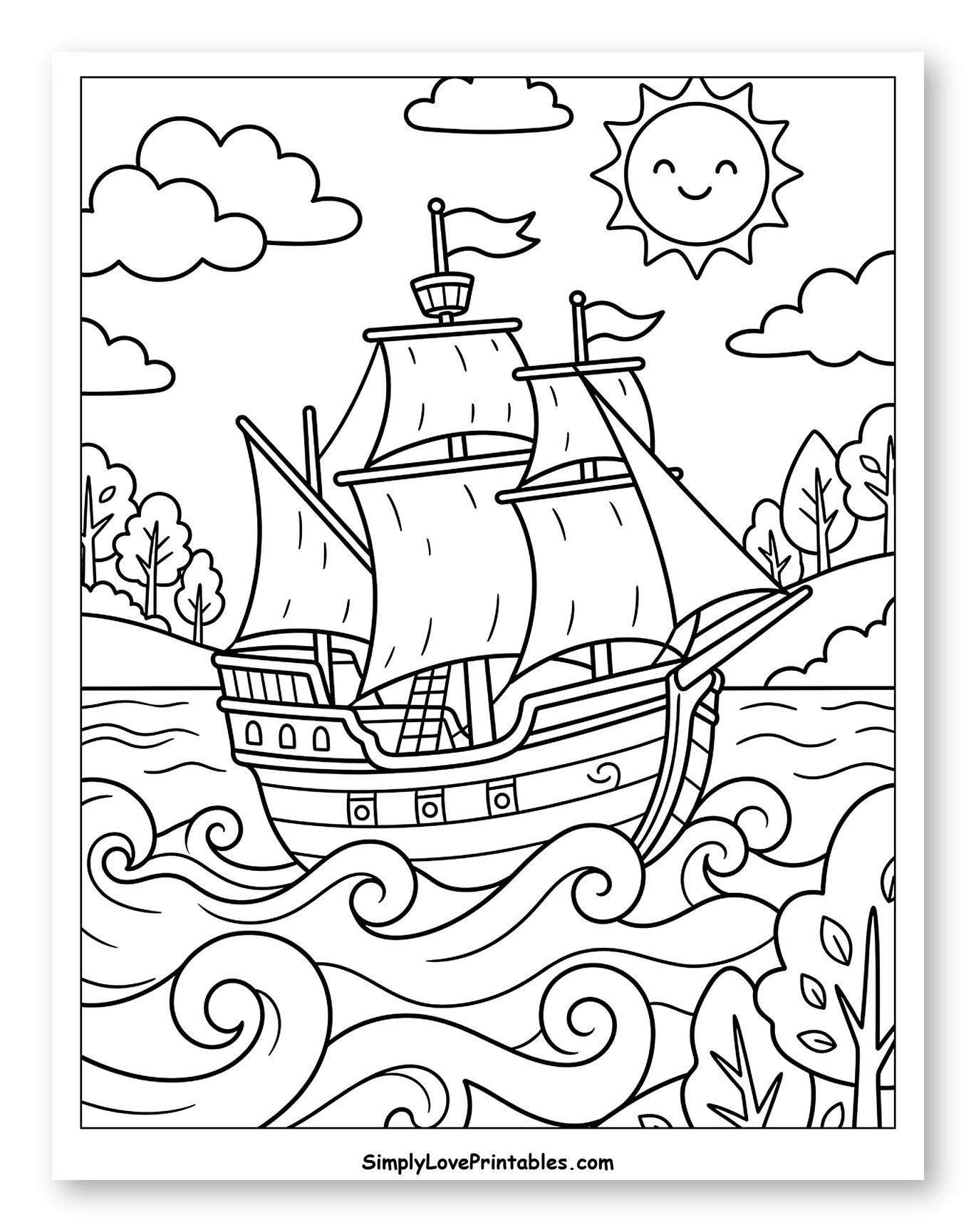 Pilgrim Ship Sailing on the Ocean Coloring Sheet for Kids