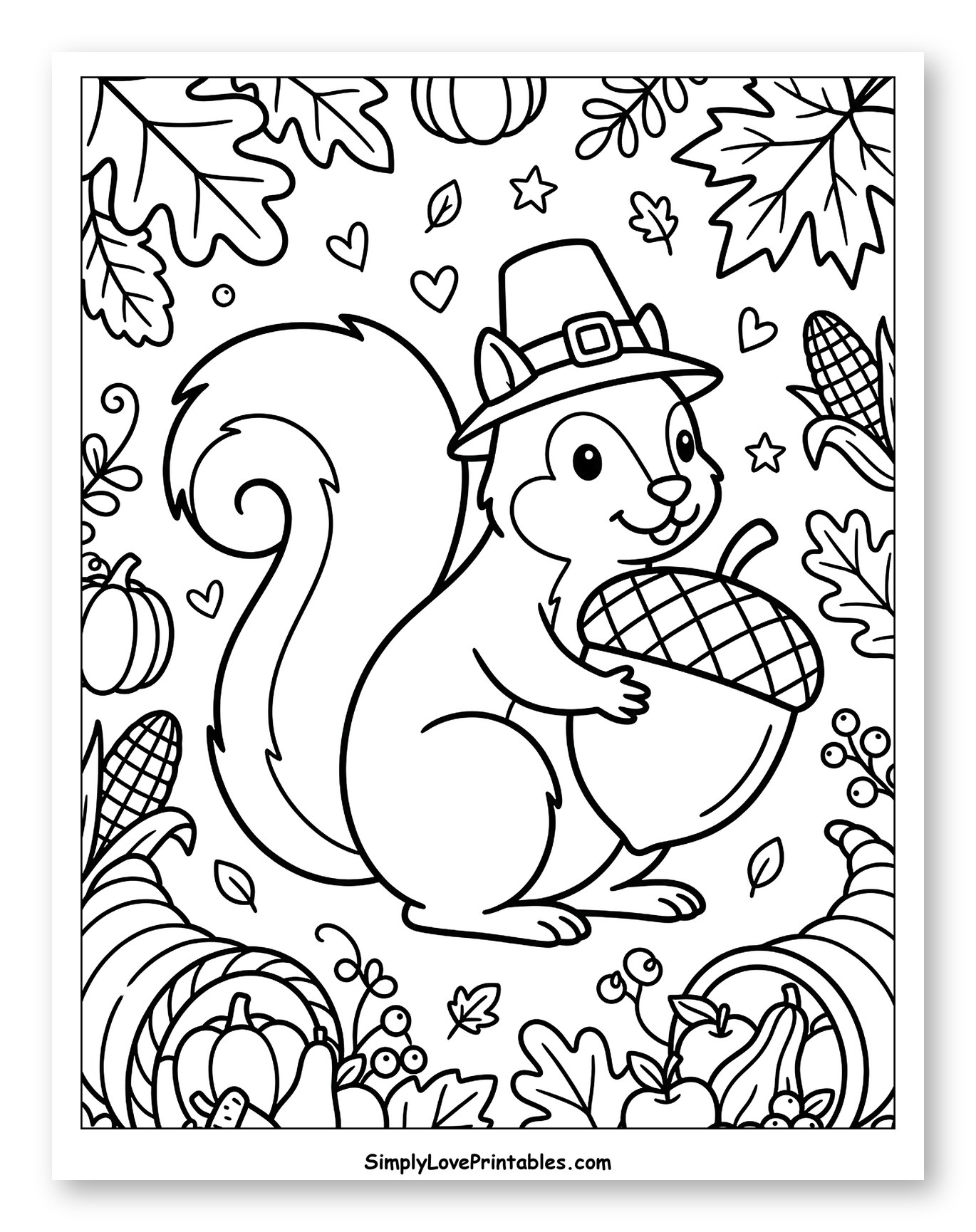 Pilgrim Squirrel Surrounded by Autumn Harvest
