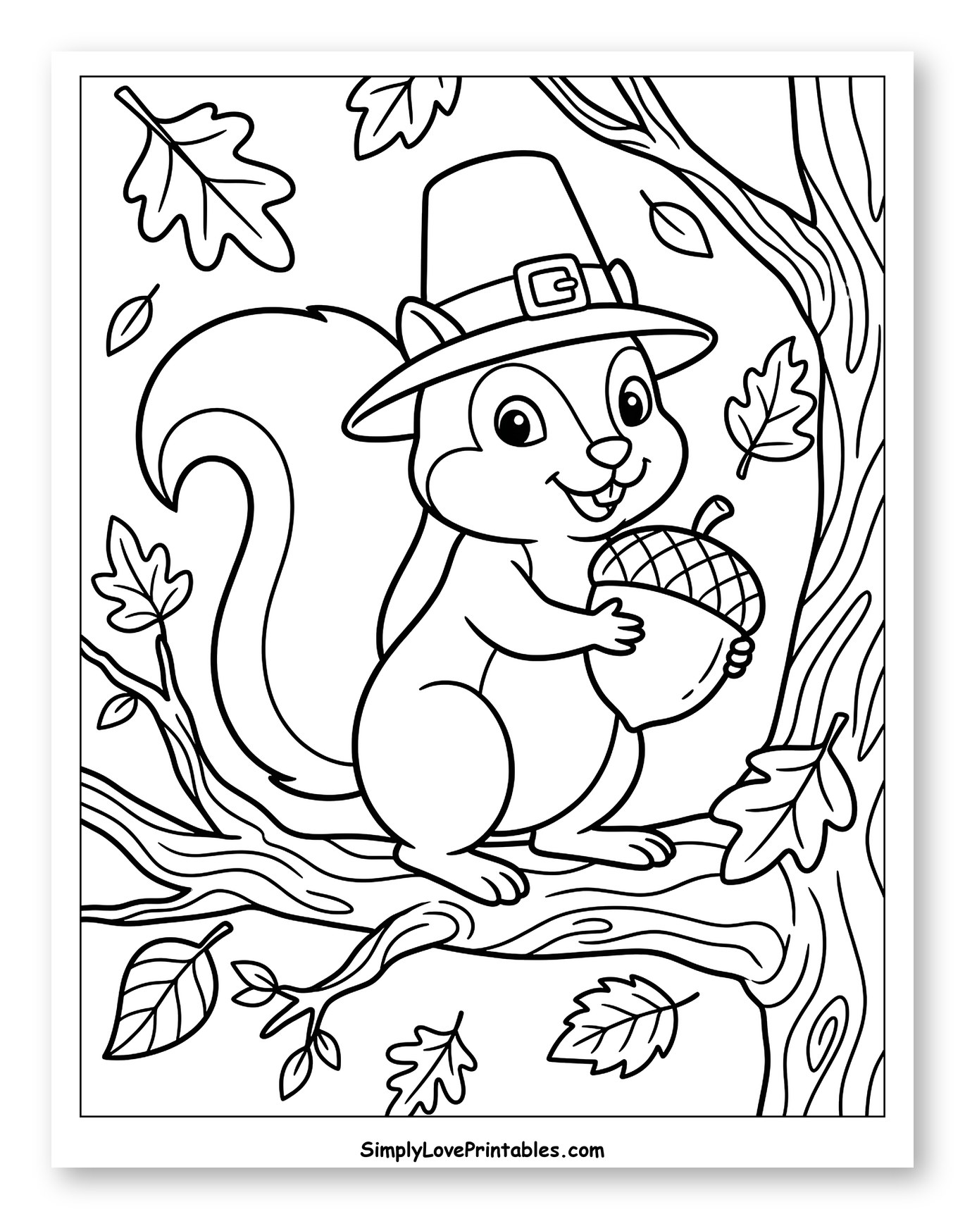Pilgrim Squirrel with Acorn on Tree Branch