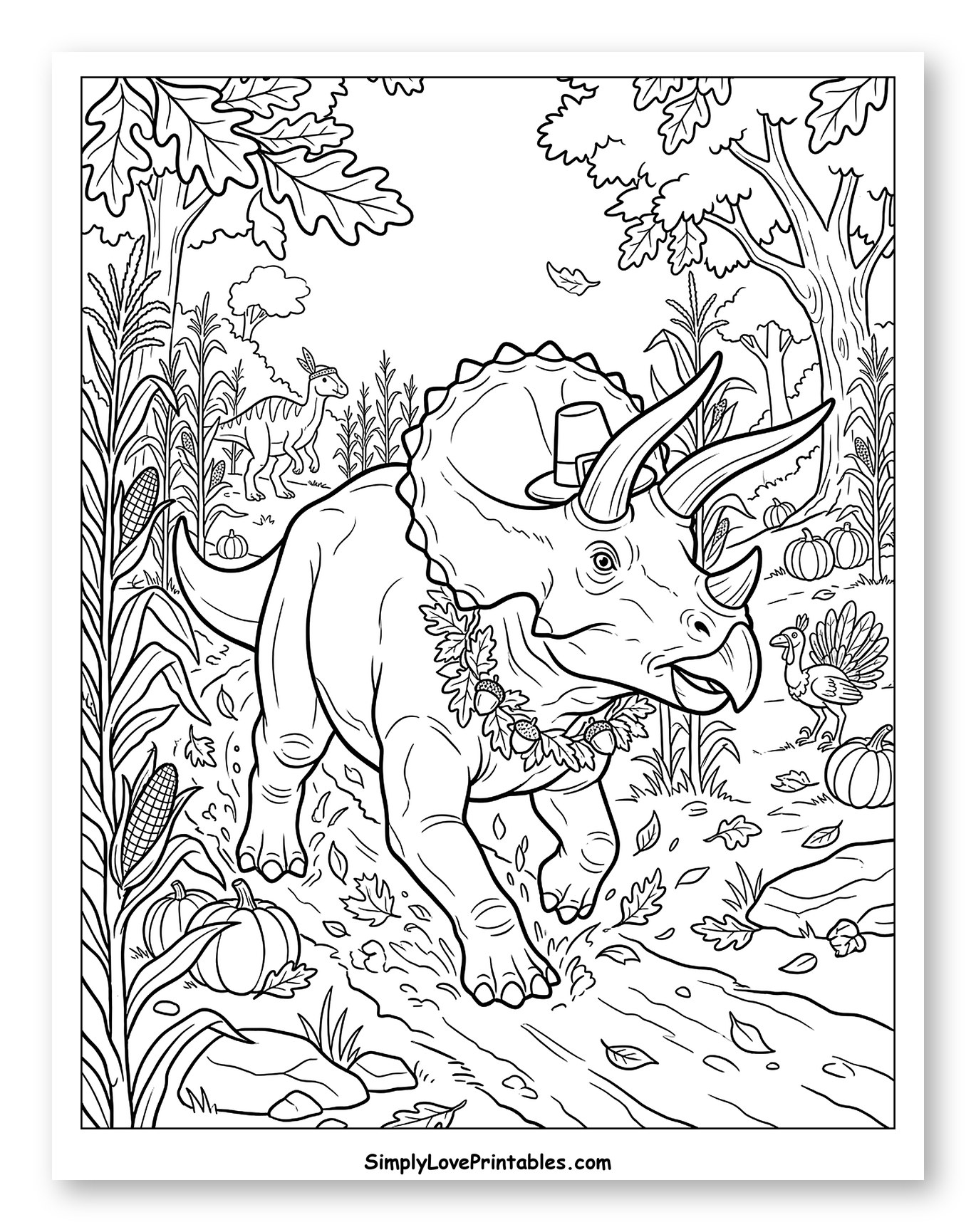 Pilgrim Triceratops Walking Through a Thanksgiving Forest Coloring Page