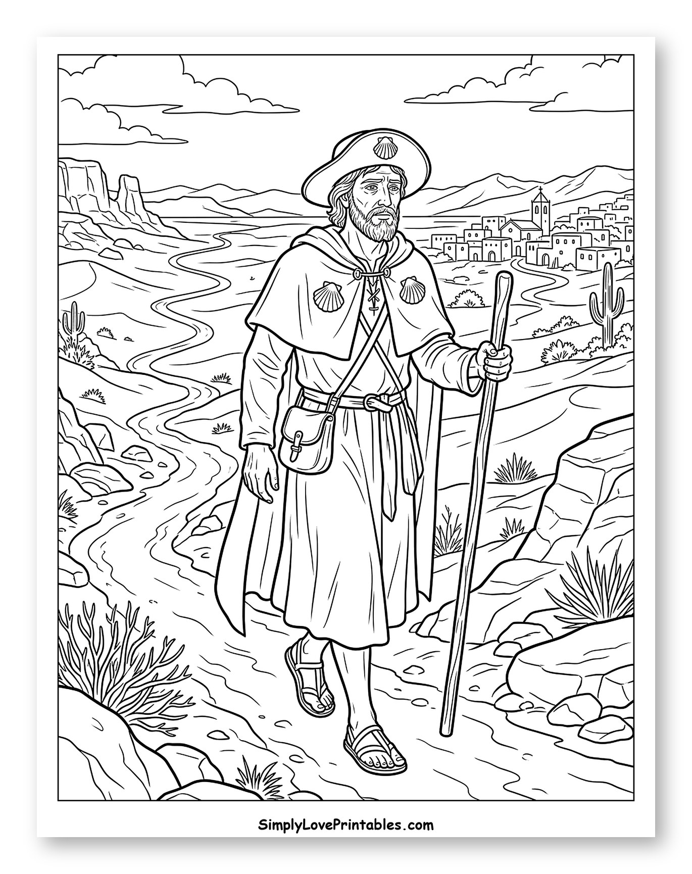 Pilgrim Walking Desert Path Towards Town Coloring Page
