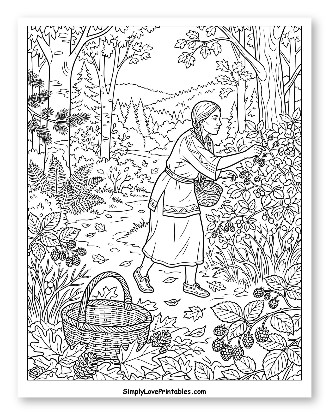 Pilgrim Woman Foraging for Berries in Woods Coloring Page