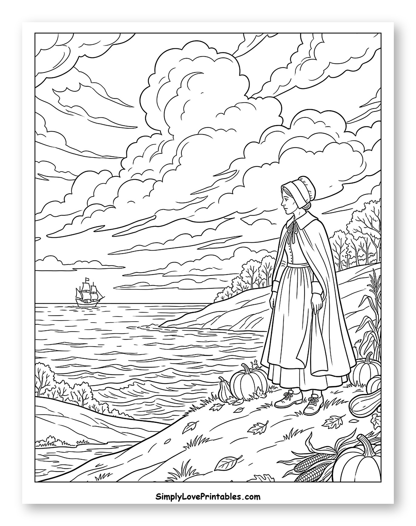 Pilgrim Woman Gazing at a Ship to Color