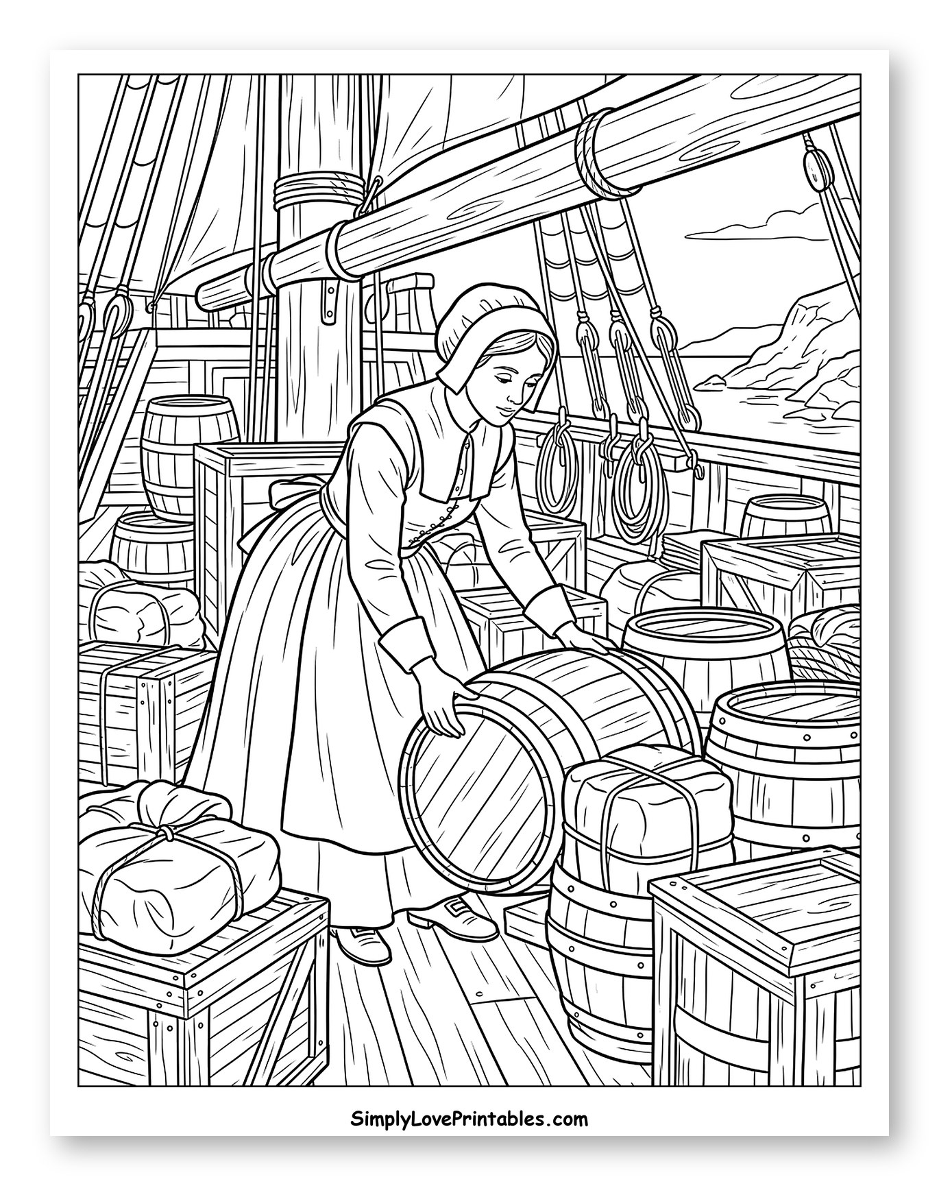 Pilgrim Woman Loading Cargo on Ship Coloring Sheet