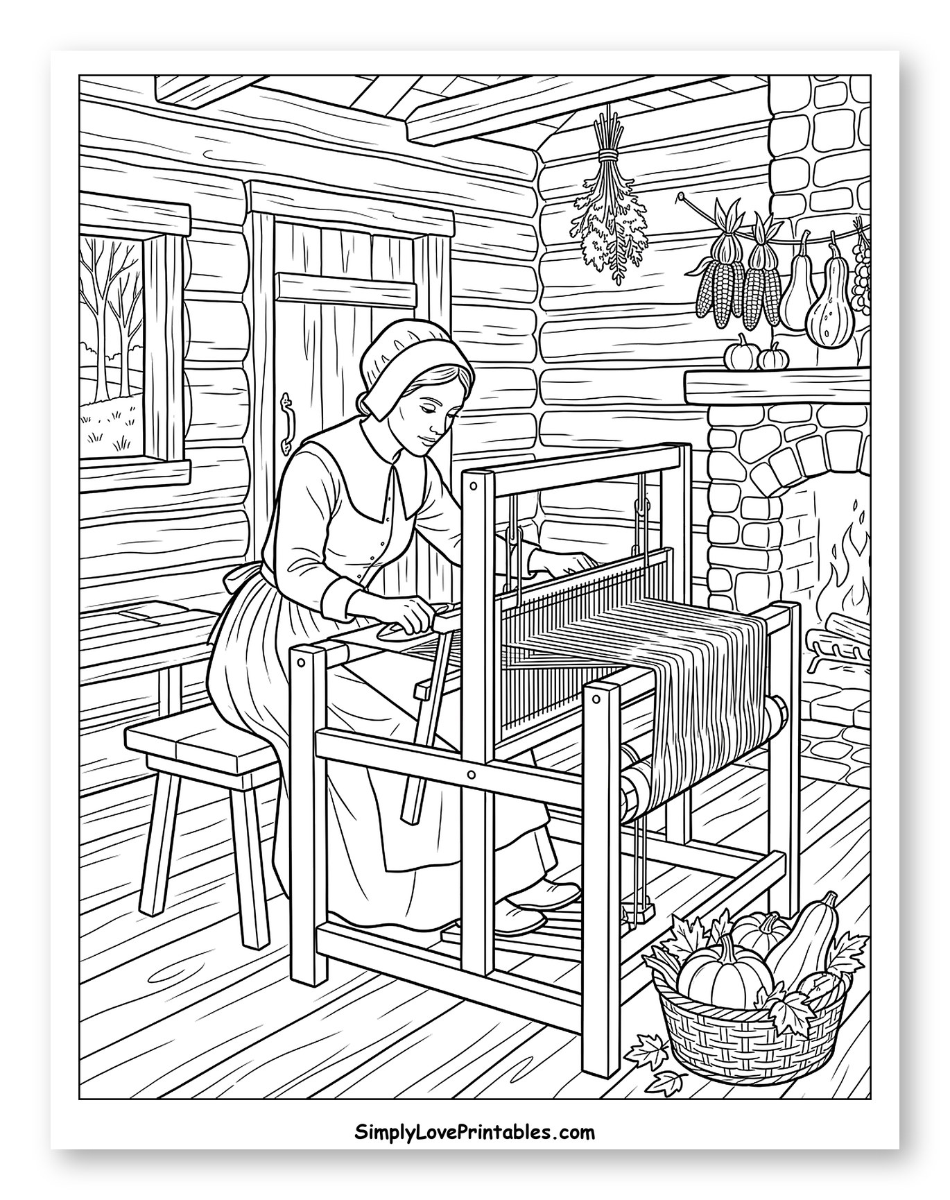 Pilgrim Woman Weaving in a Rustic Cabin