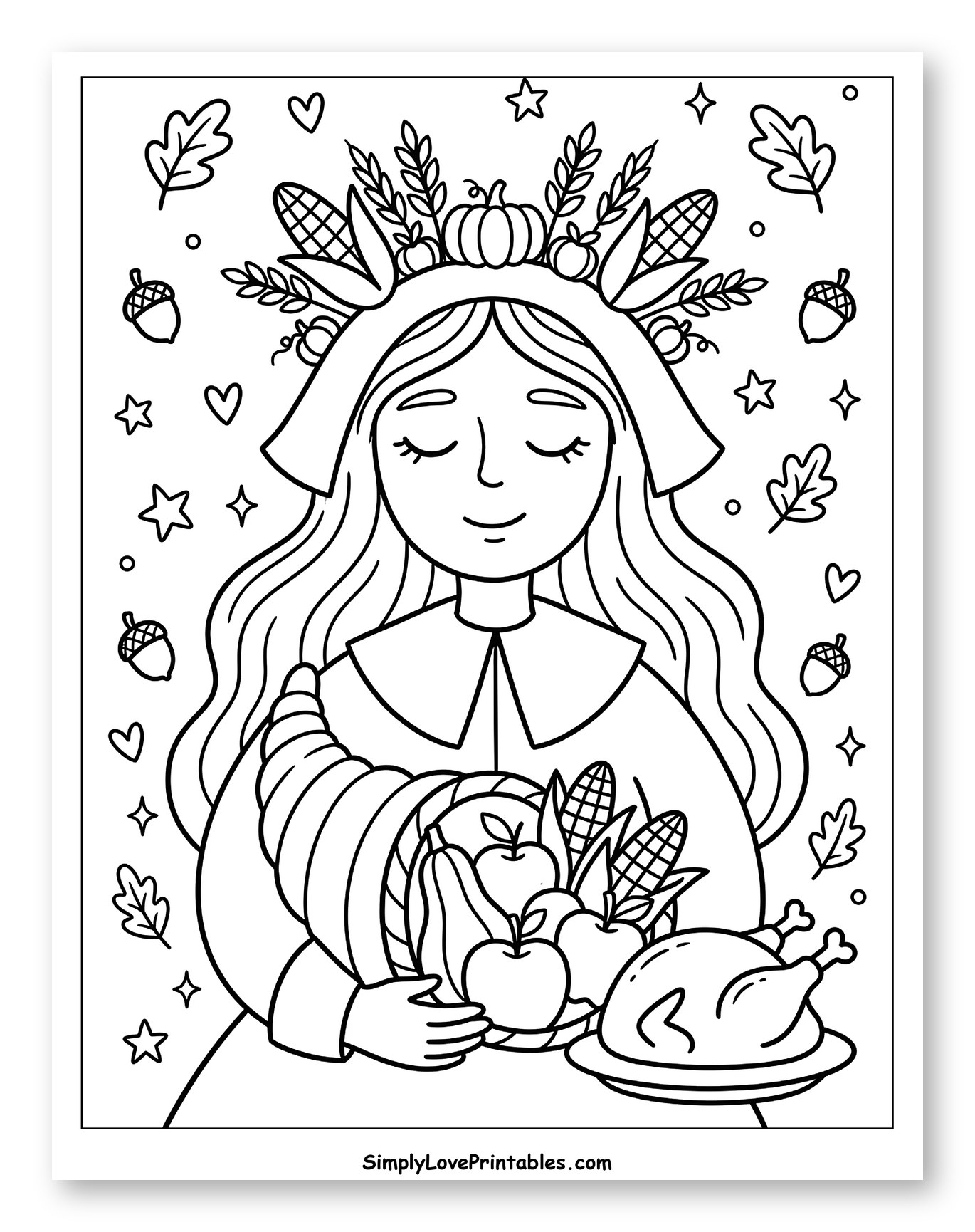 Pilgrim Woman with Thanksgiving Harvest and Turkey to Color for Adults