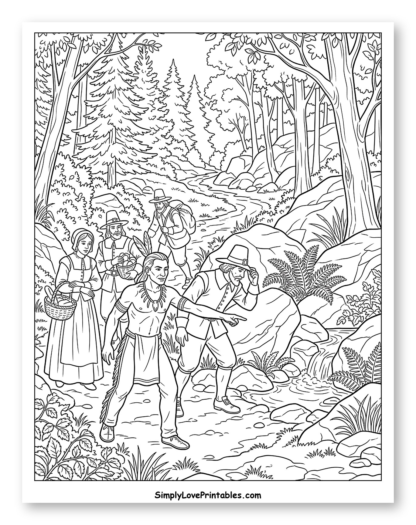 Pilgrims and Native Americans Exploring a Forest Stream Coloring Sheet