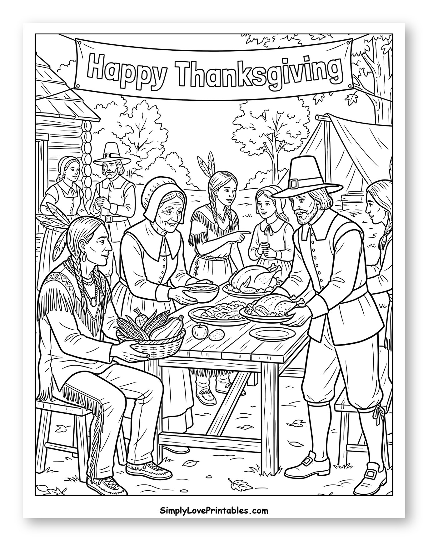 Pilgrims and Native Americans Share Thanksgiving Meal