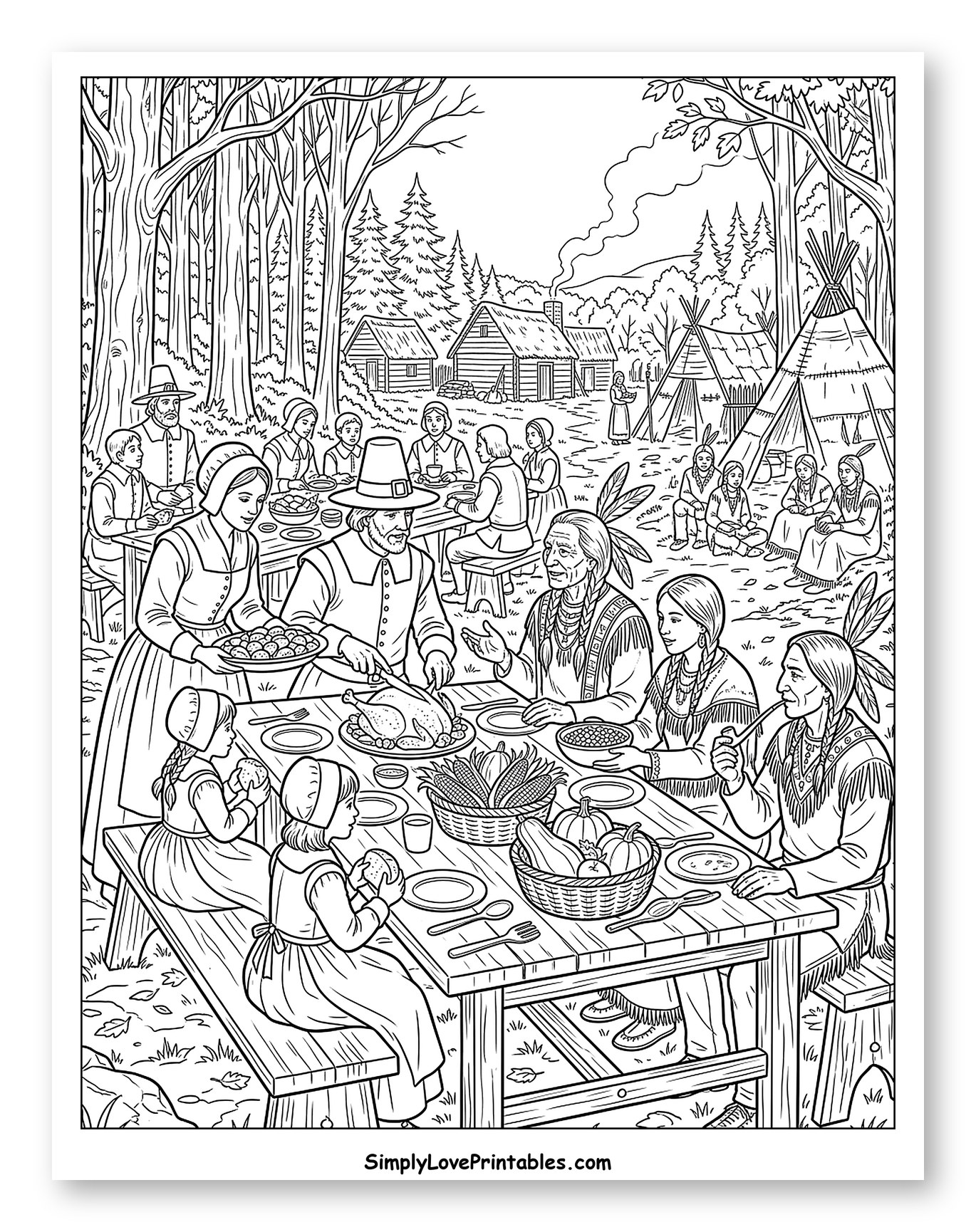 Pilgrims and Native Americans Sharing a Thanksgiving Feast Coloring Sheet