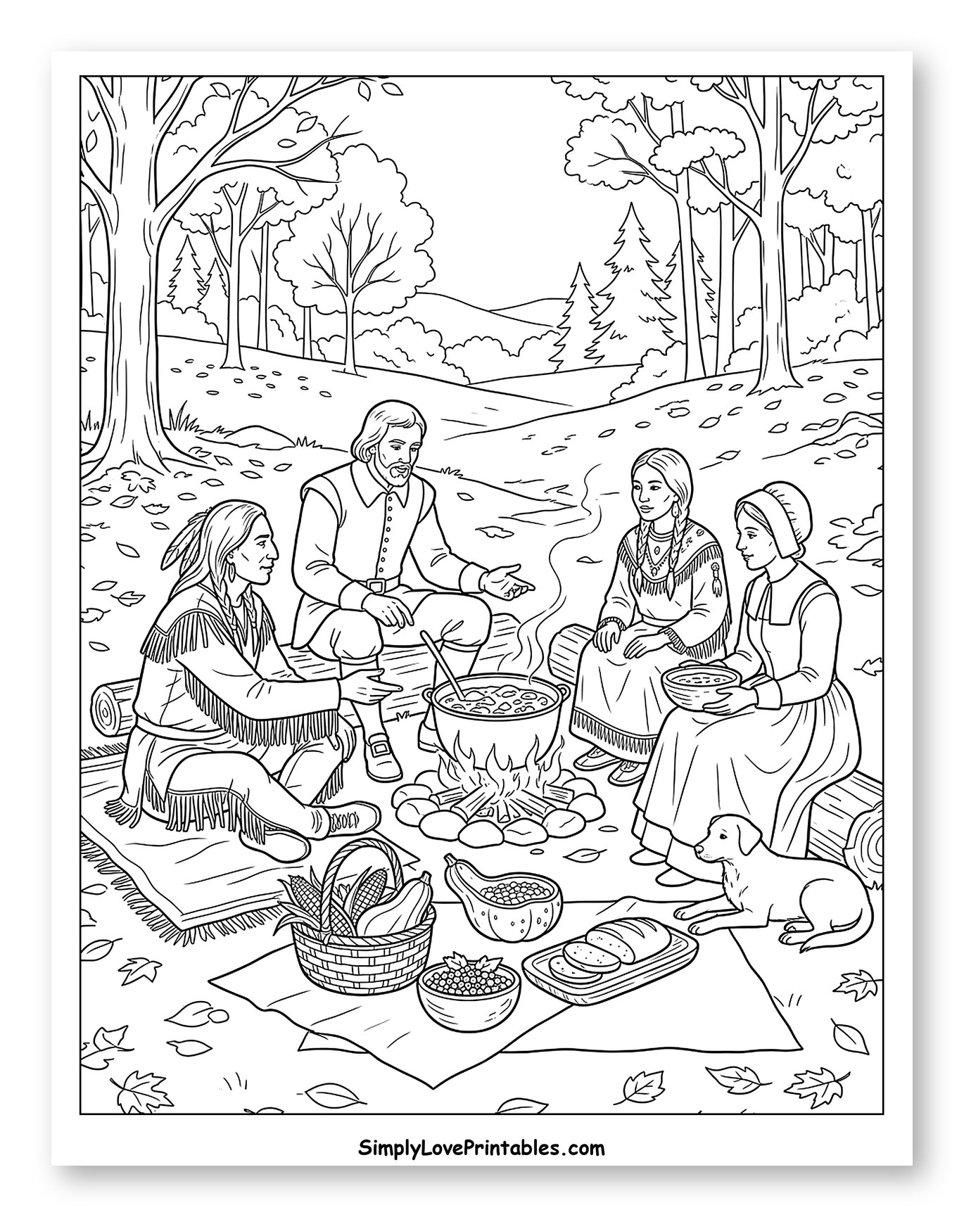 Pilgrims and Native Americans Sharing Outdoor Feast