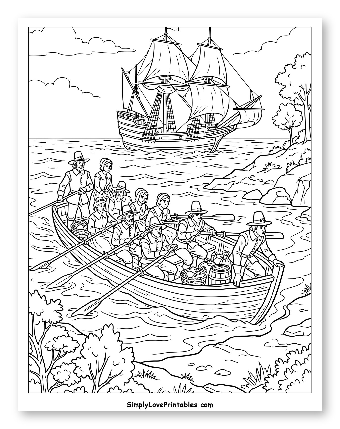 Pilgrims Arriving on a Longboat from Mayflower to Color