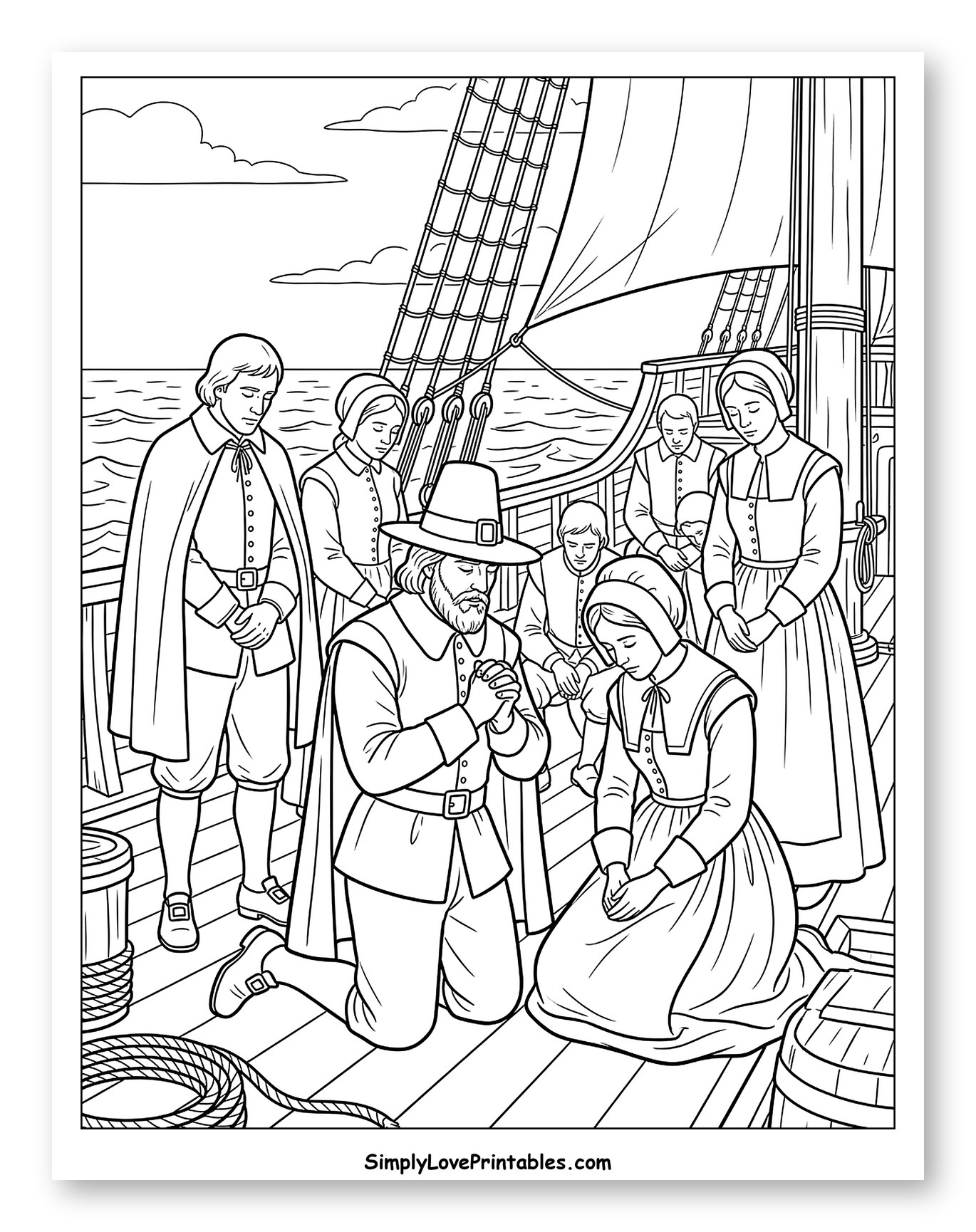 Pilgrims Kneeling in Prayer on Ship Deck Coloring Page