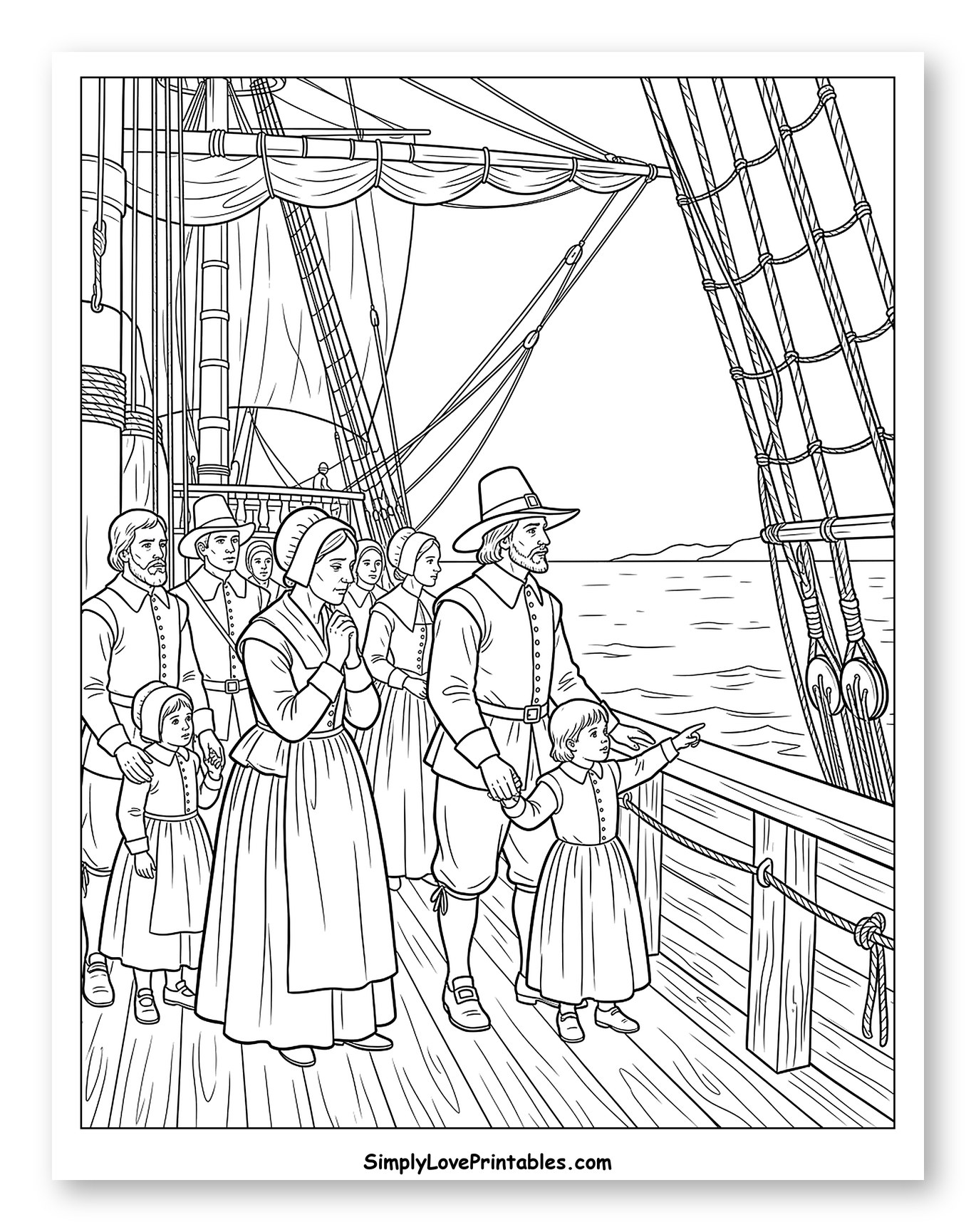 Pilgrims on the Mayflower Ship Deck Coloring Sheet