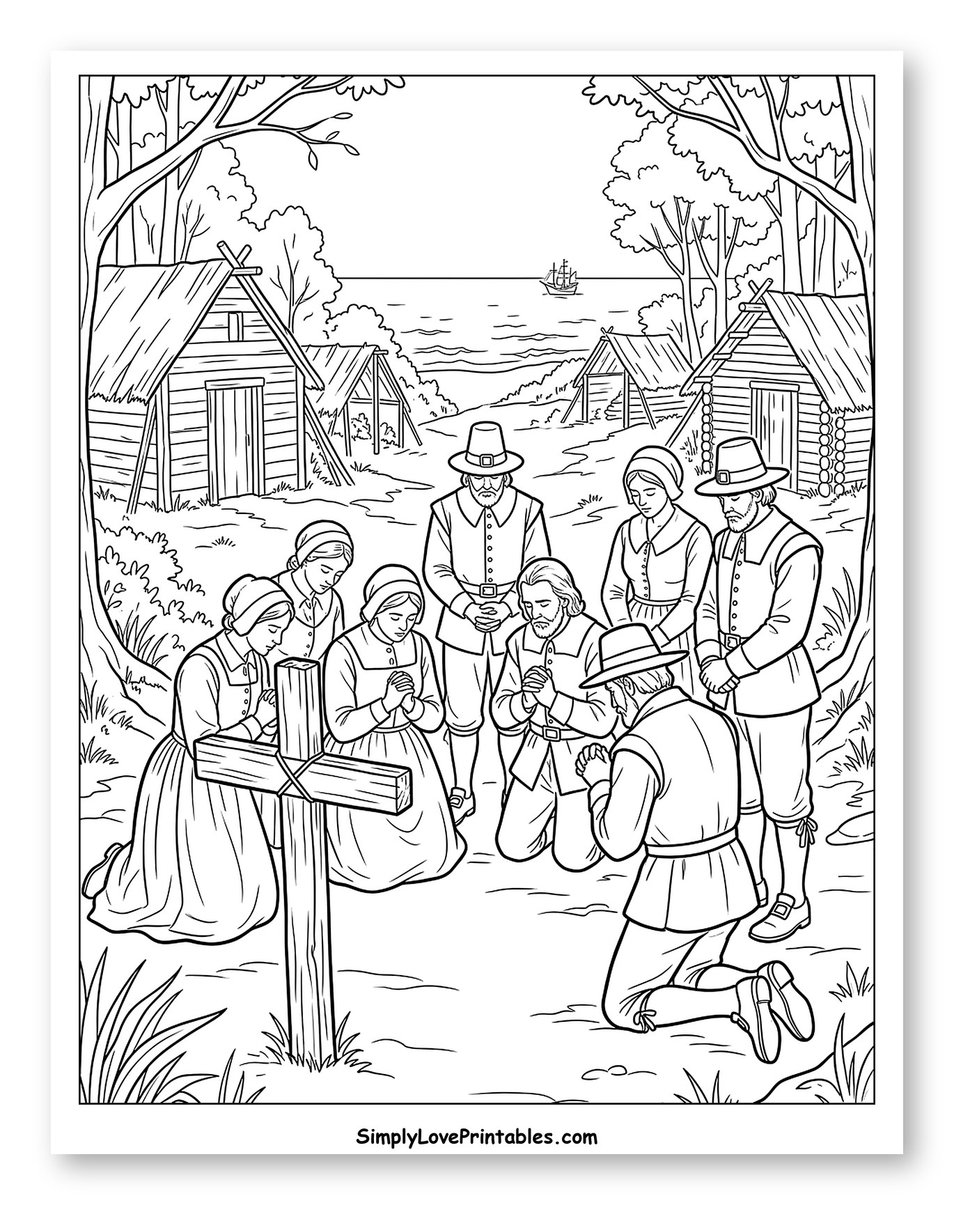 Pilgrims Praying by a Wooden Cross Coloring Sheet
