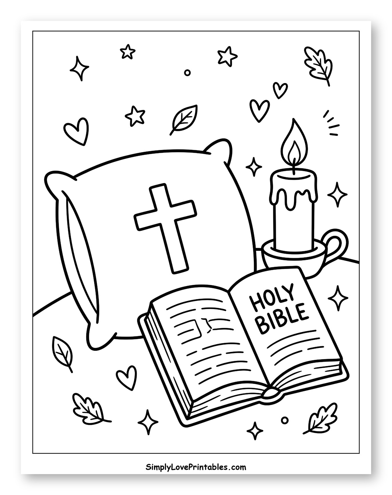 Pillow with Cross, Holy Bible, and Candle