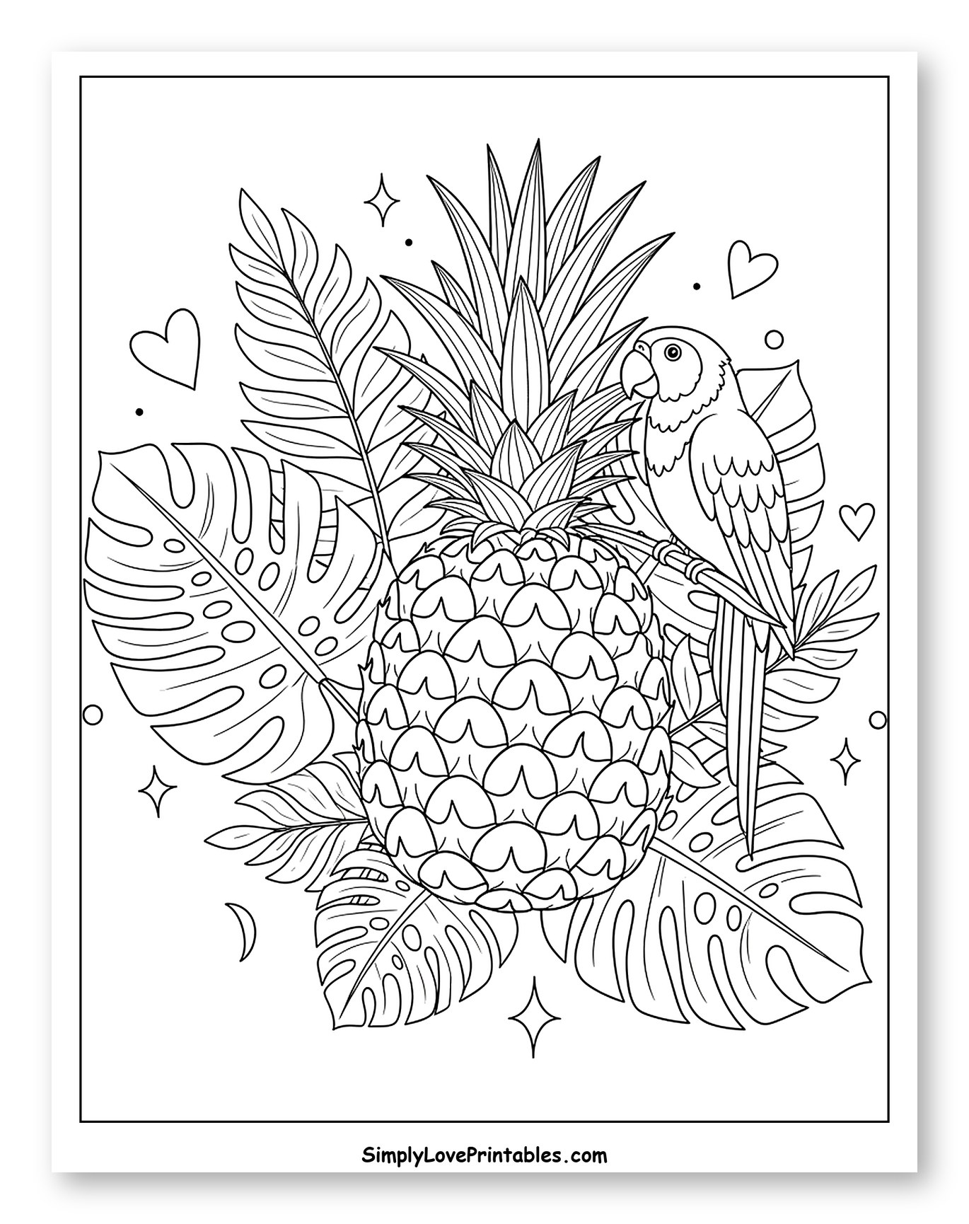 Pineapple, Parrot, and Tropical Foliage with Hearts