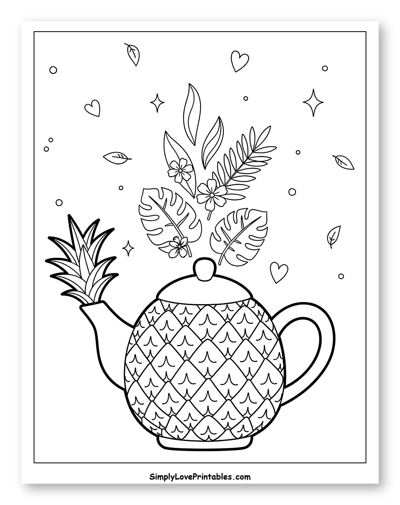 Pineapple Teapot with Tropical Leaves and Flowers Coloring Page for Adults