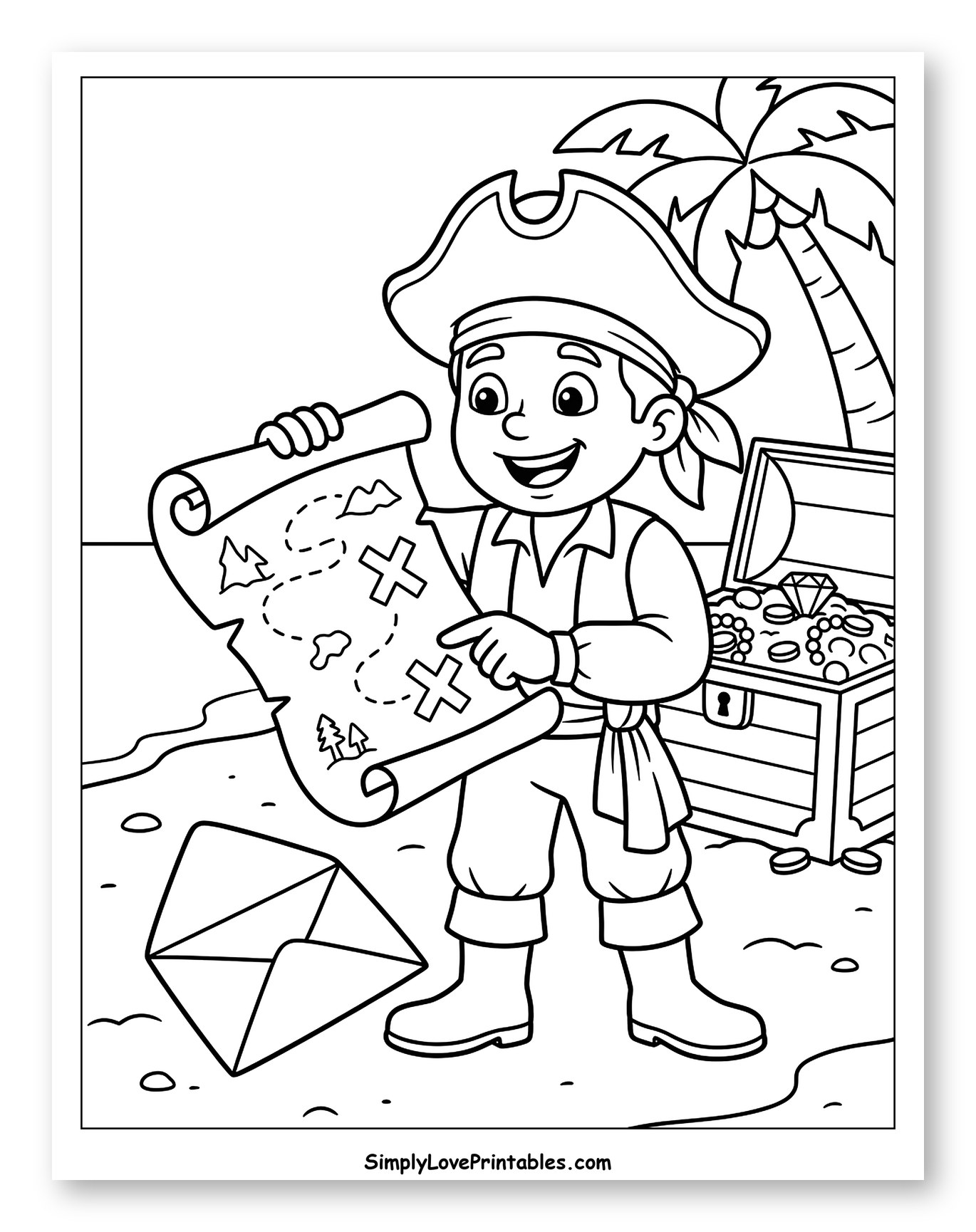 Pirate Boy with Treasure Map on Beach